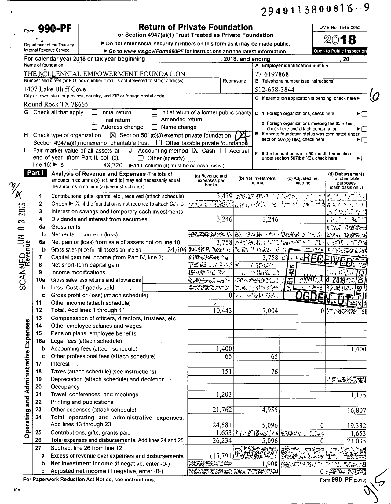 Image of first page of 2018 Form 990PF for Millennial Empowerment Foundation