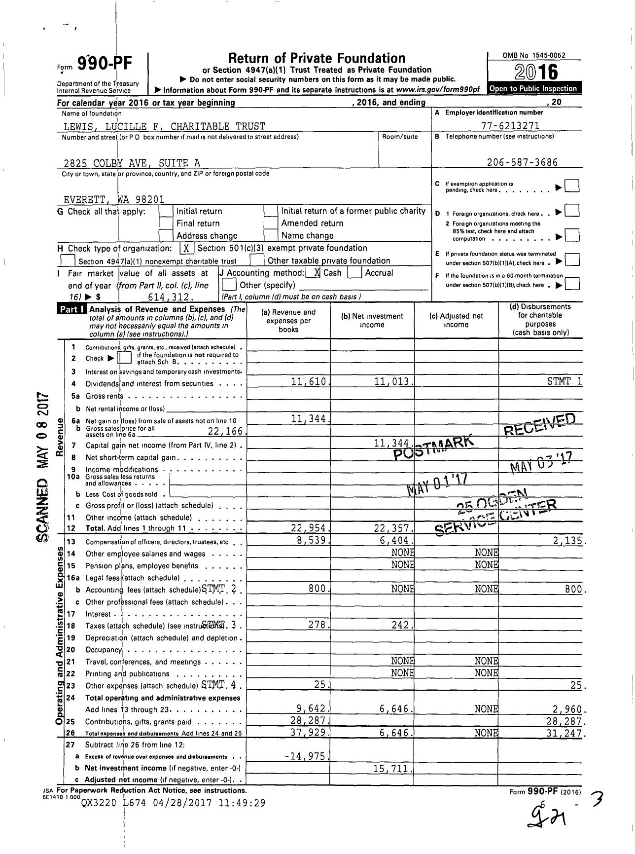Image of first page of 2016 Form 990PF for Lewis Lucille F Charitable Trust