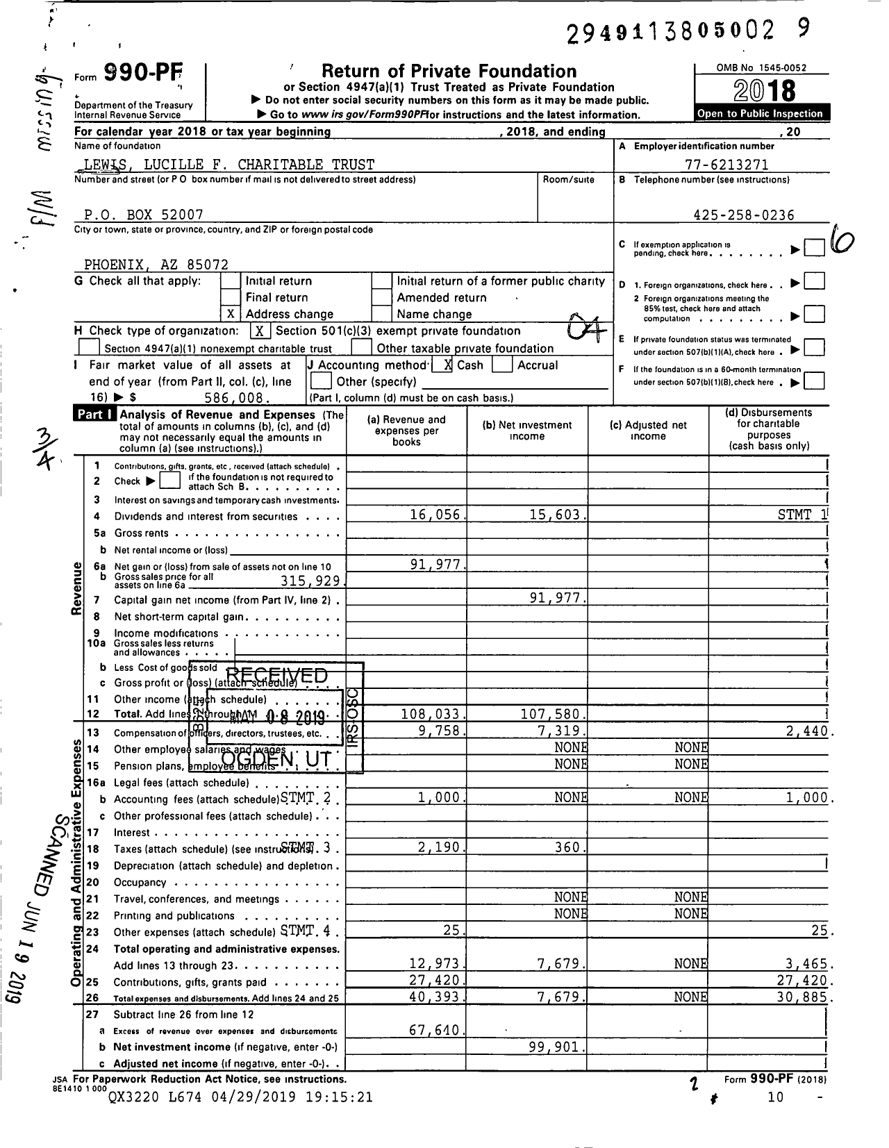 Image of first page of 2018 Form 990PF for Lewis Lucille F Charitable Trust