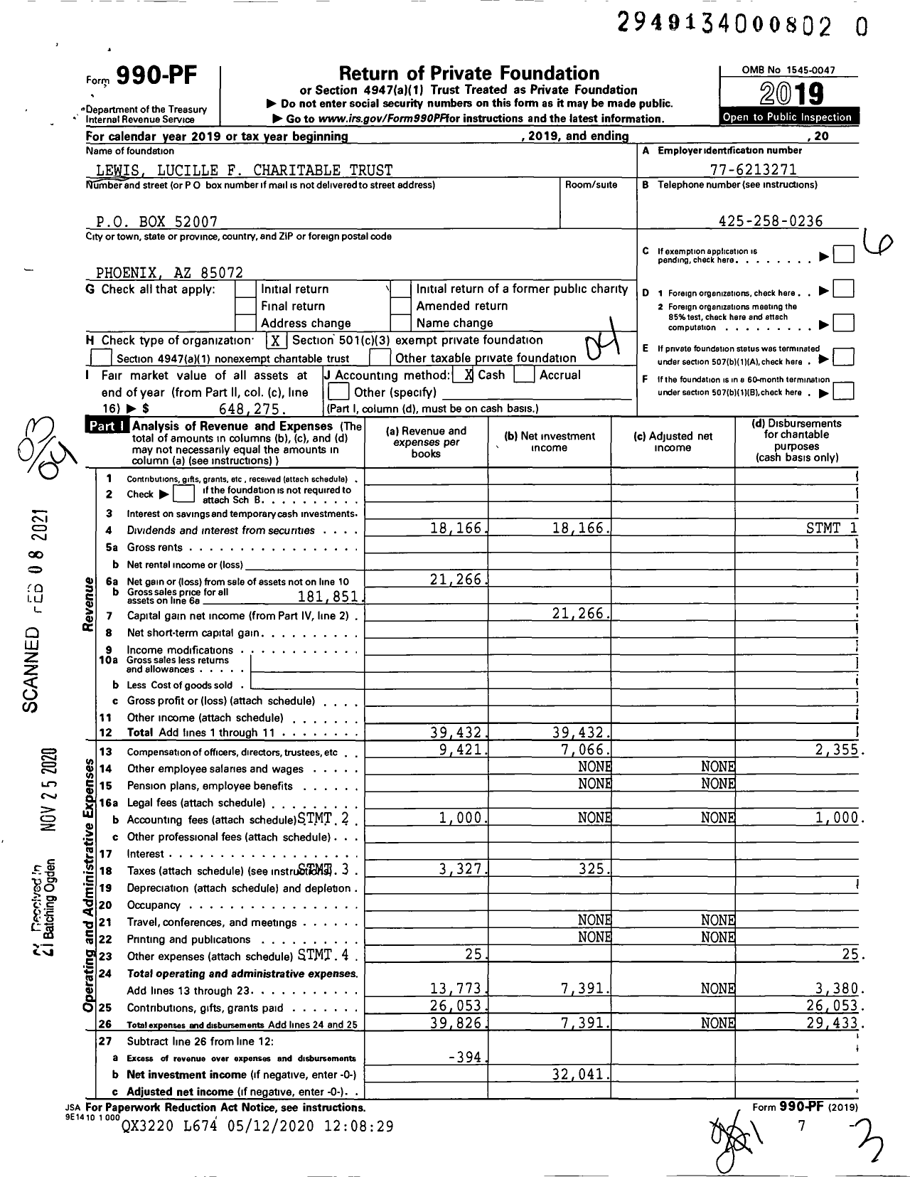 Image of first page of 2019 Form 990PF for Lewis Lucille F Charitable Trust