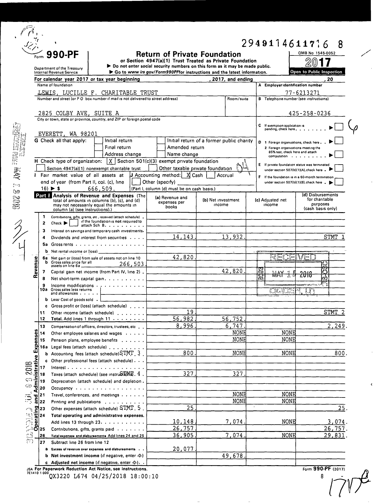 Image of first page of 2017 Form 990PF for Lewis Lucille F Charitable Trust