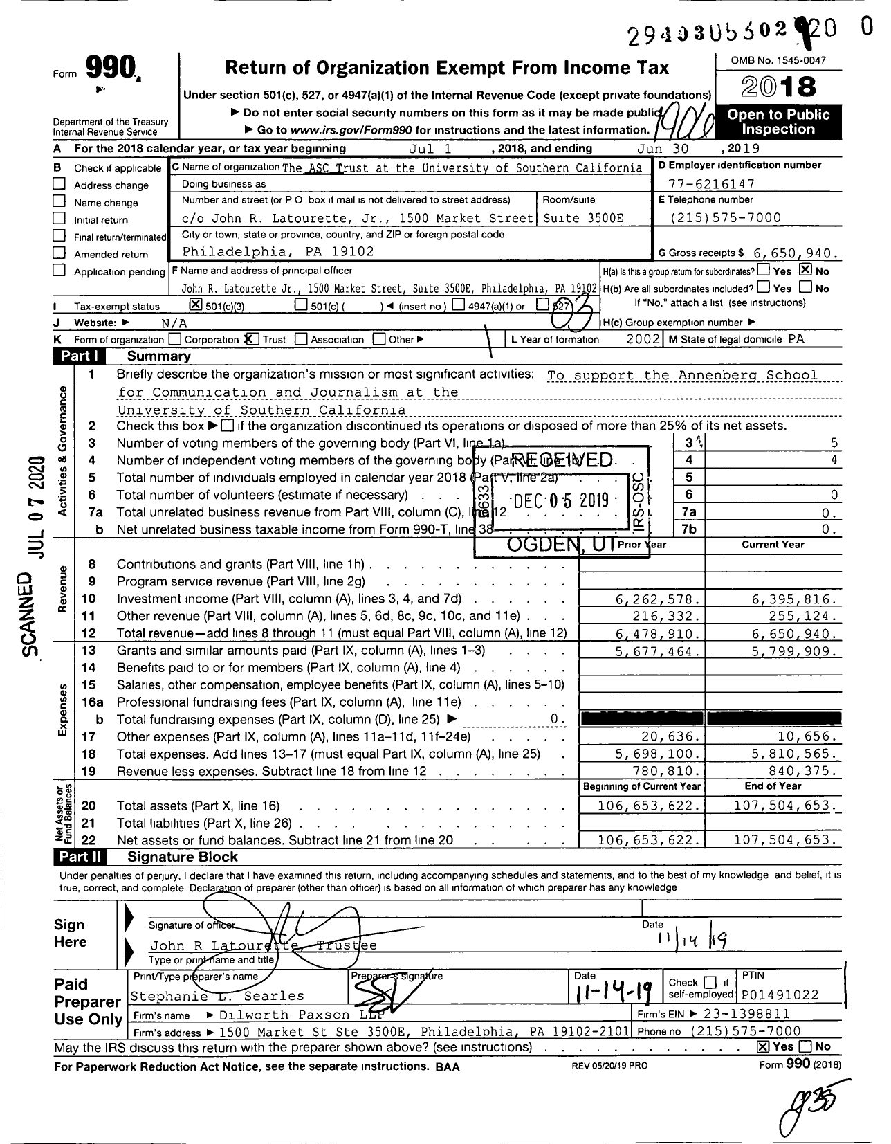 Image of first page of 2018 Form 990 for the ASC Trust at the University of Southern California