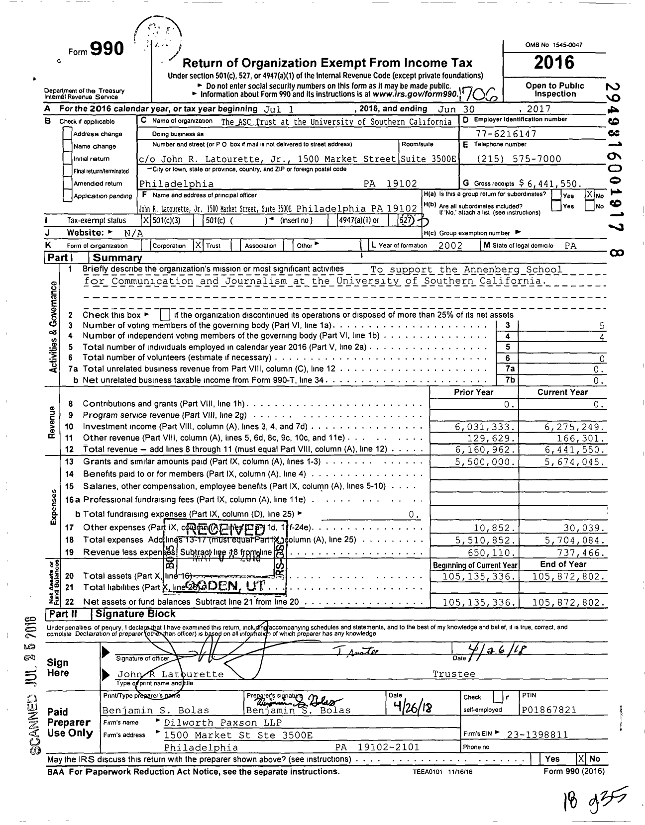 Image of first page of 2016 Form 990 for The ASC Trust at The University of Southern California