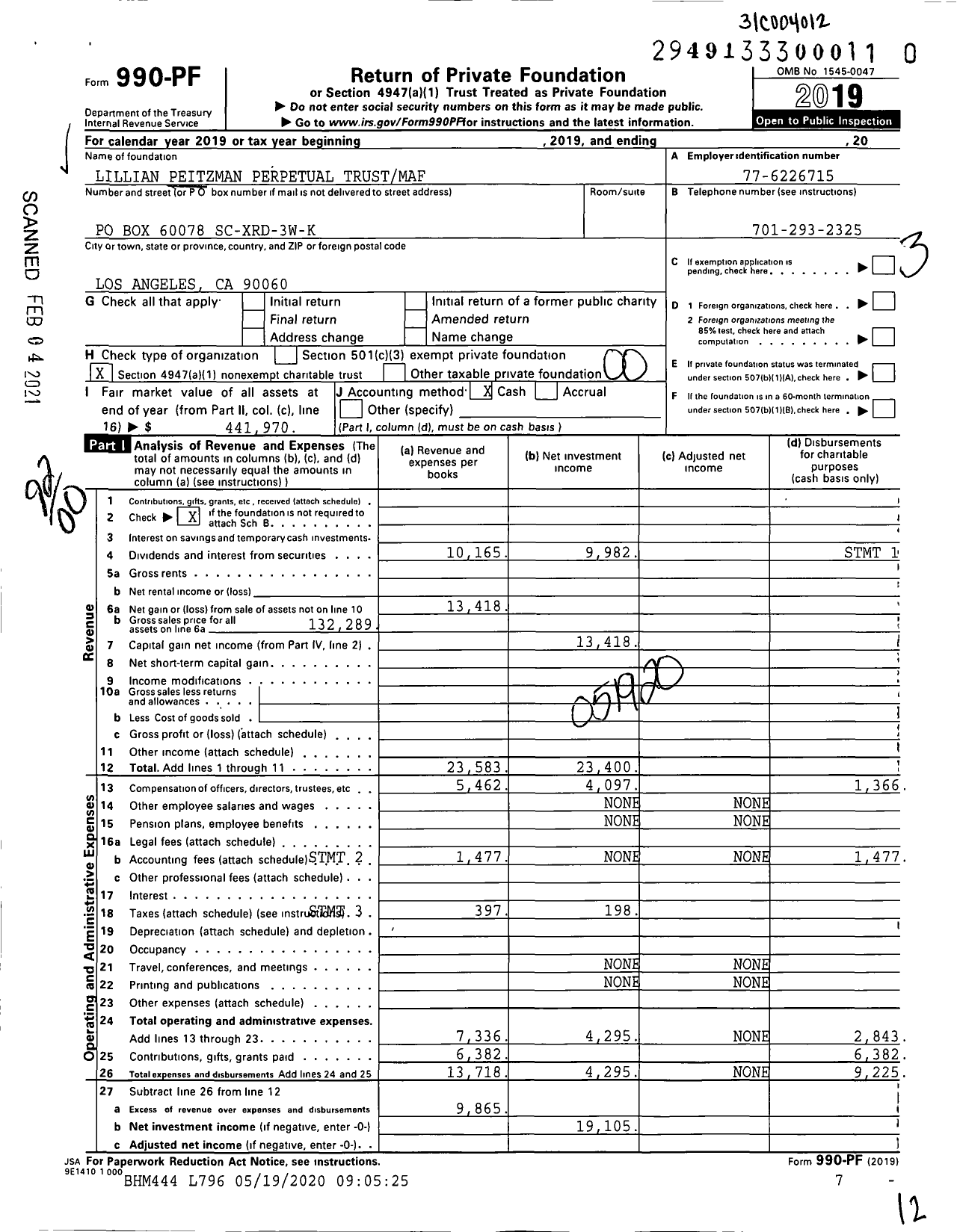 Image of first page of 2019 Form 990PF for Lillian Peitzman Perpetual Trustmaf