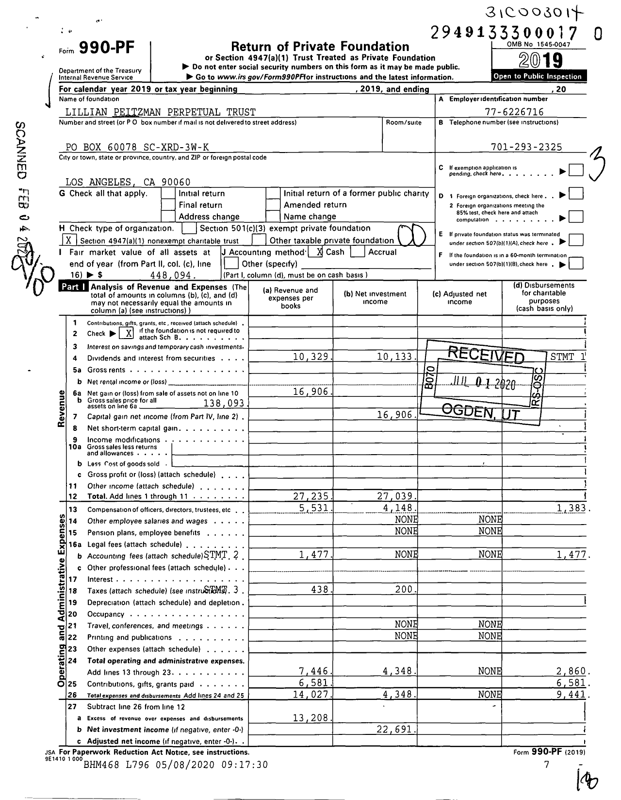 Image of first page of 2019 Form 990PF for Lillian Peitzman Perpetual Trust