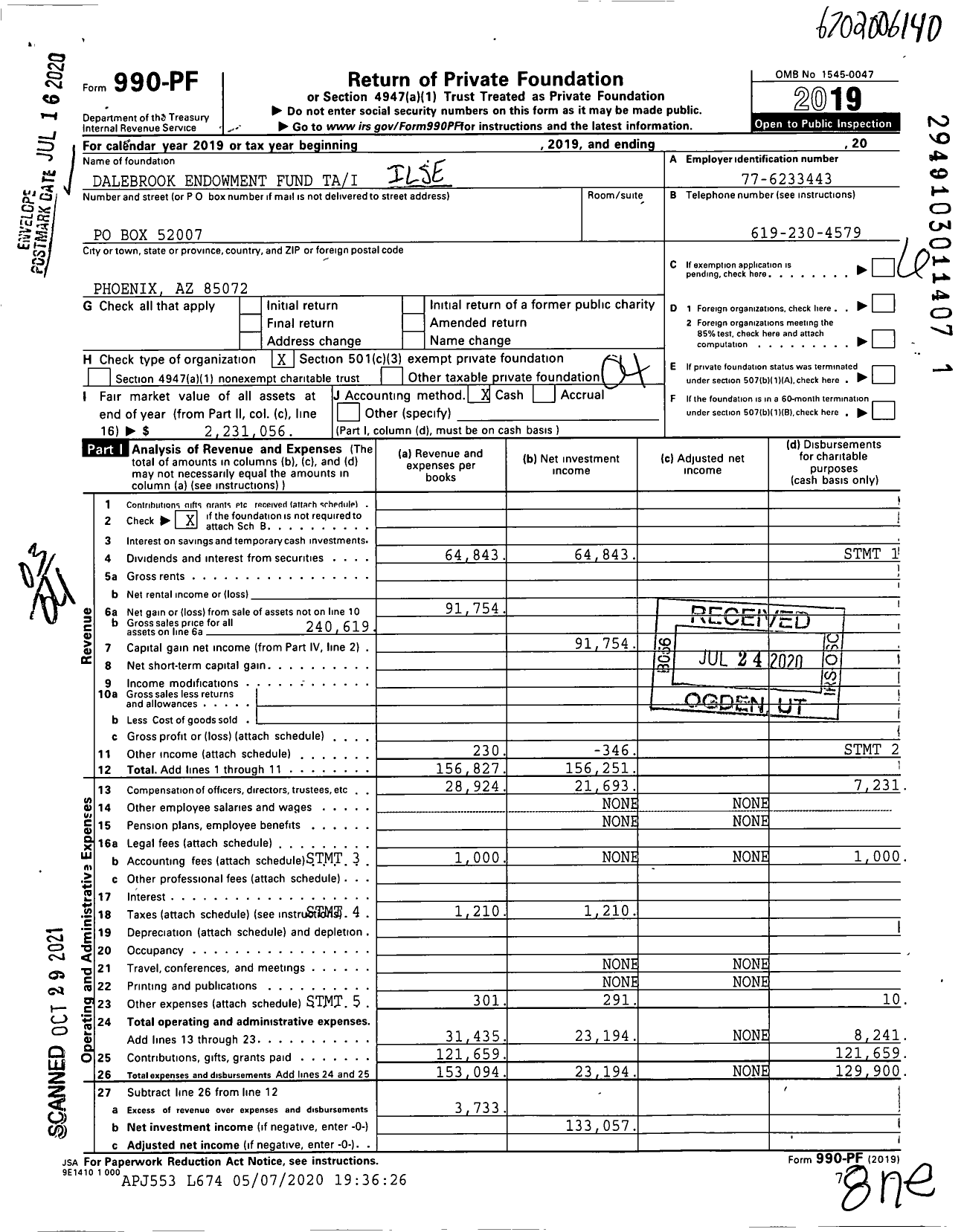 Image of first page of 2019 Form 990PF for Dalebrook Endowment Fund Tai