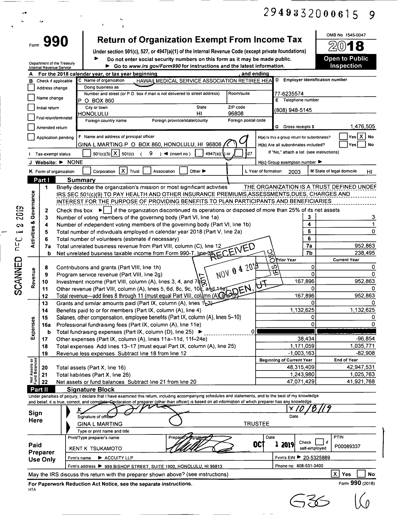 Image of first page of 2018 Form 990O for Hawaii Medical Service Association Retiree Health Benefits Trust