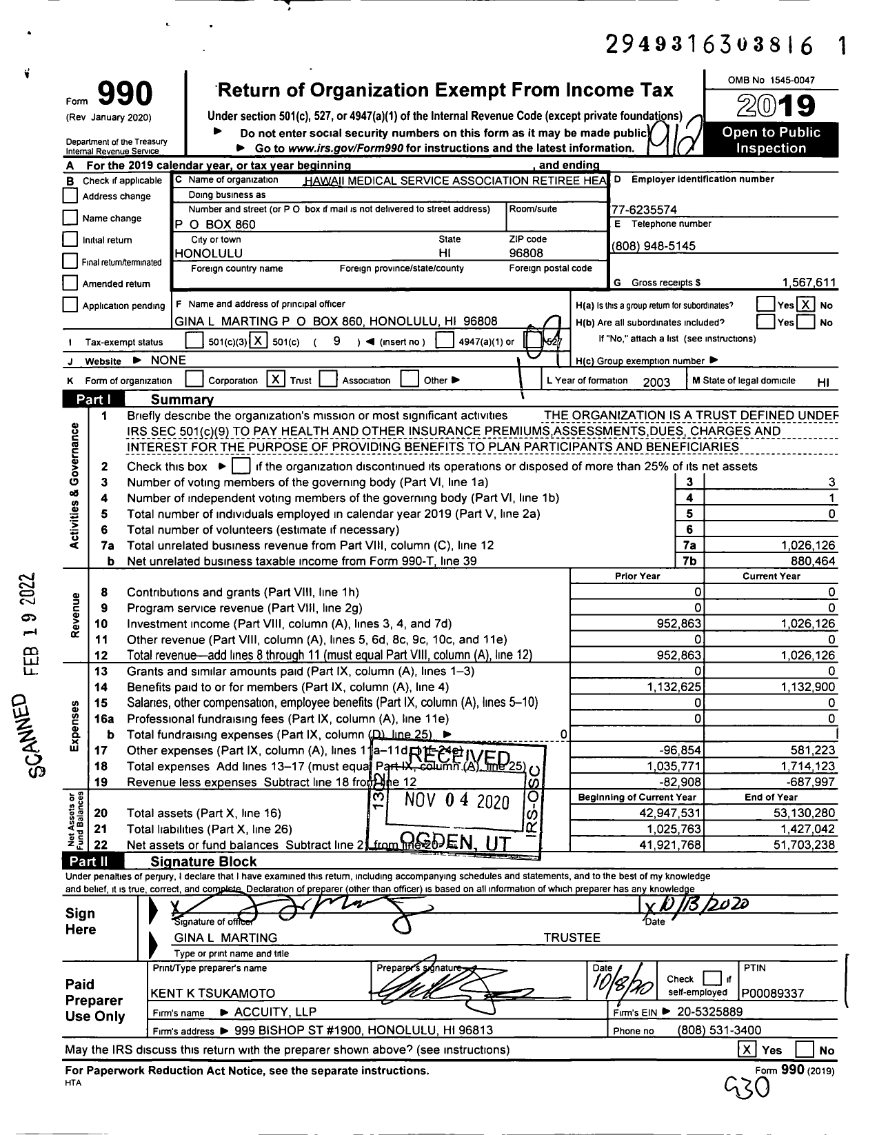 Image of first page of 2019 Form 990O for Hawaii Medical Service Association Retiree Health Benefits Trust