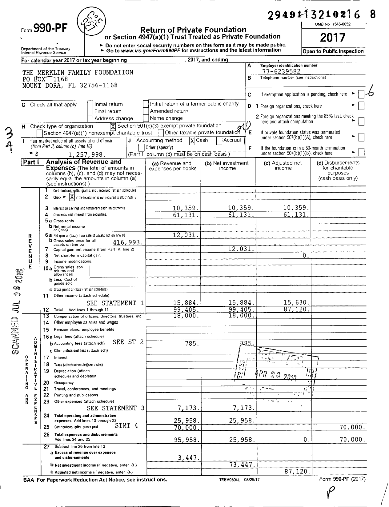 Image of first page of 2017 Form 990PF for The Merklin Family Foundation