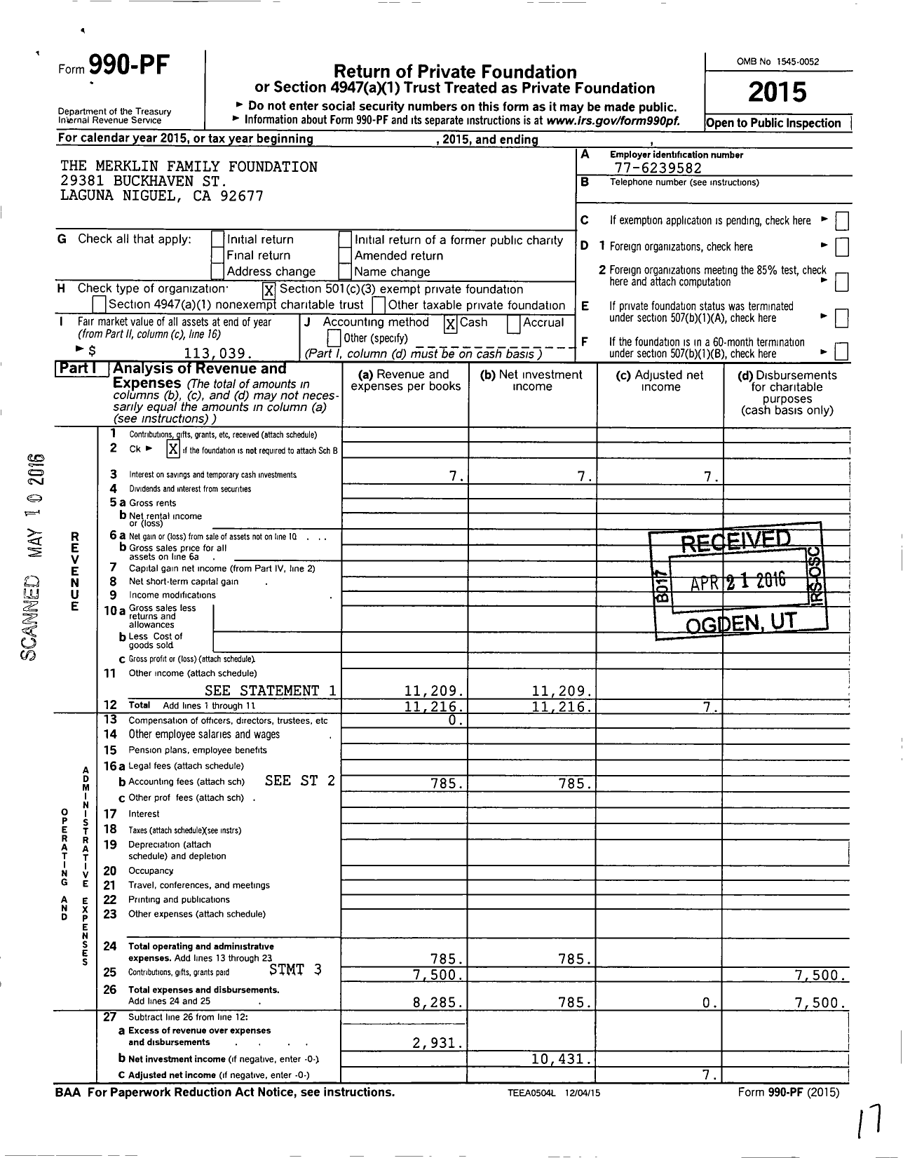 Image of first page of 2015 Form 990PF for The Merklin Family Foundation