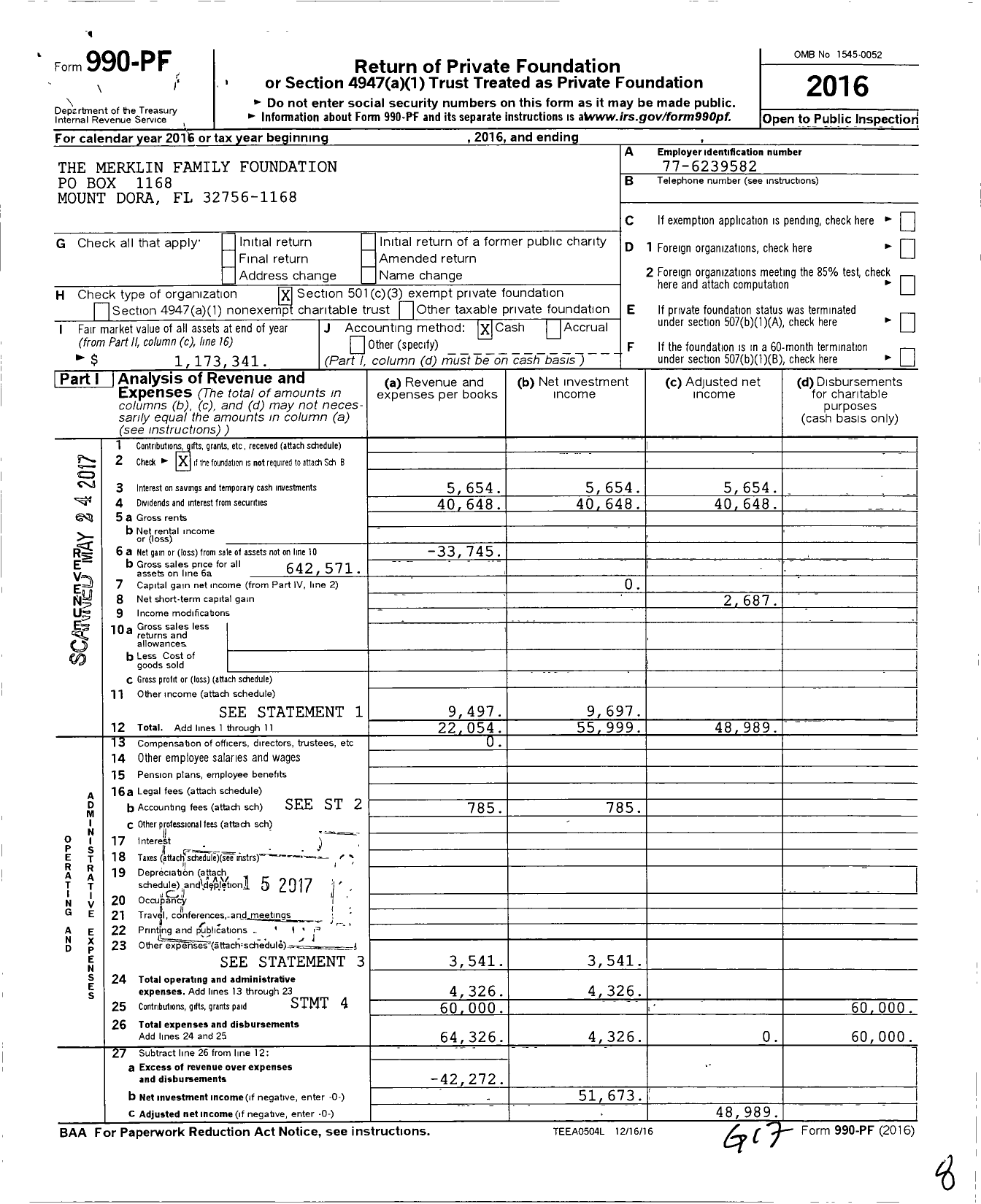 Image of first page of 2016 Form 990PF for The Merklin Family Foundation