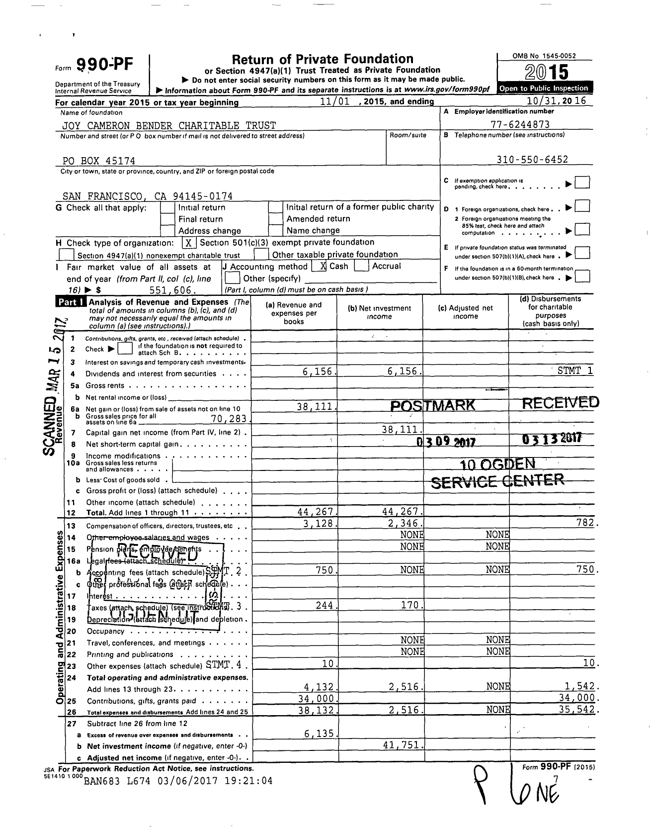 Image of first page of 2015 Form 990PF for Joy Cameron Bender Charitable Trust