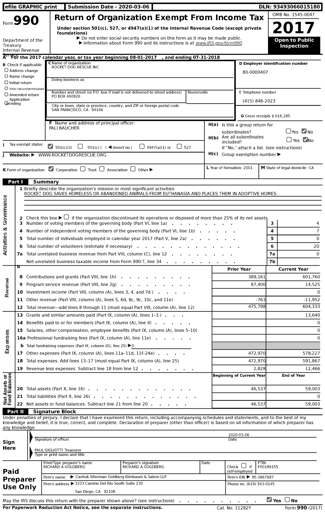 Image of first page of 2017 Form 990 for Rocketdogrescue