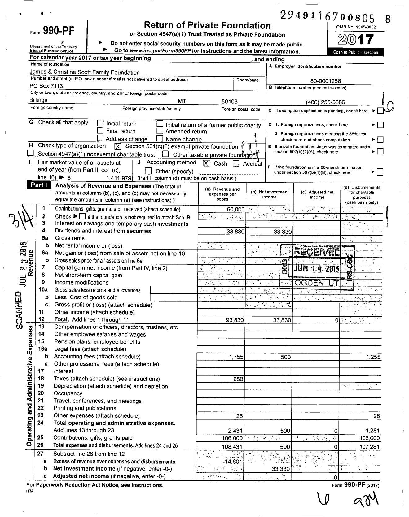 Image of first page of 2017 Form 990PF for James & Christine Scott Family Foundation