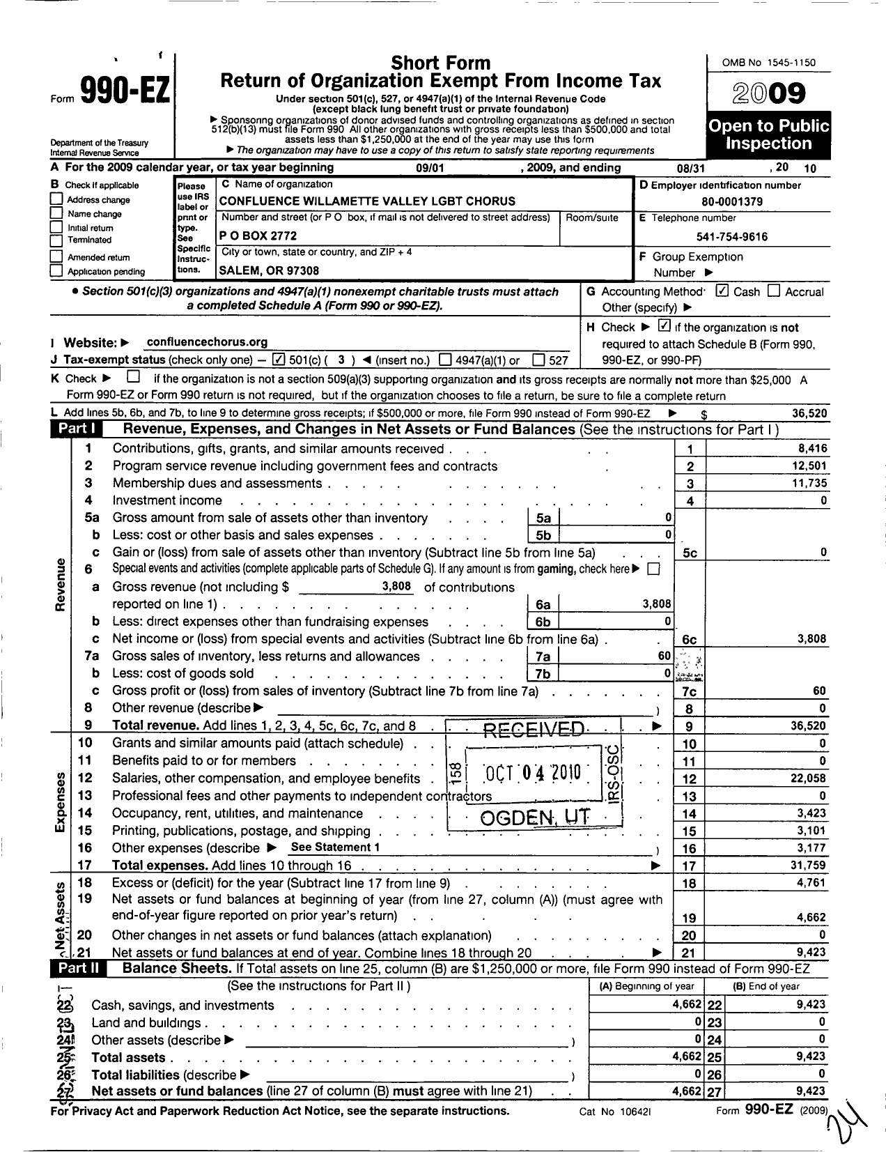 Image of first page of 2009 Form 990EZ for Confluence Willamette Valley LGBT Chorus