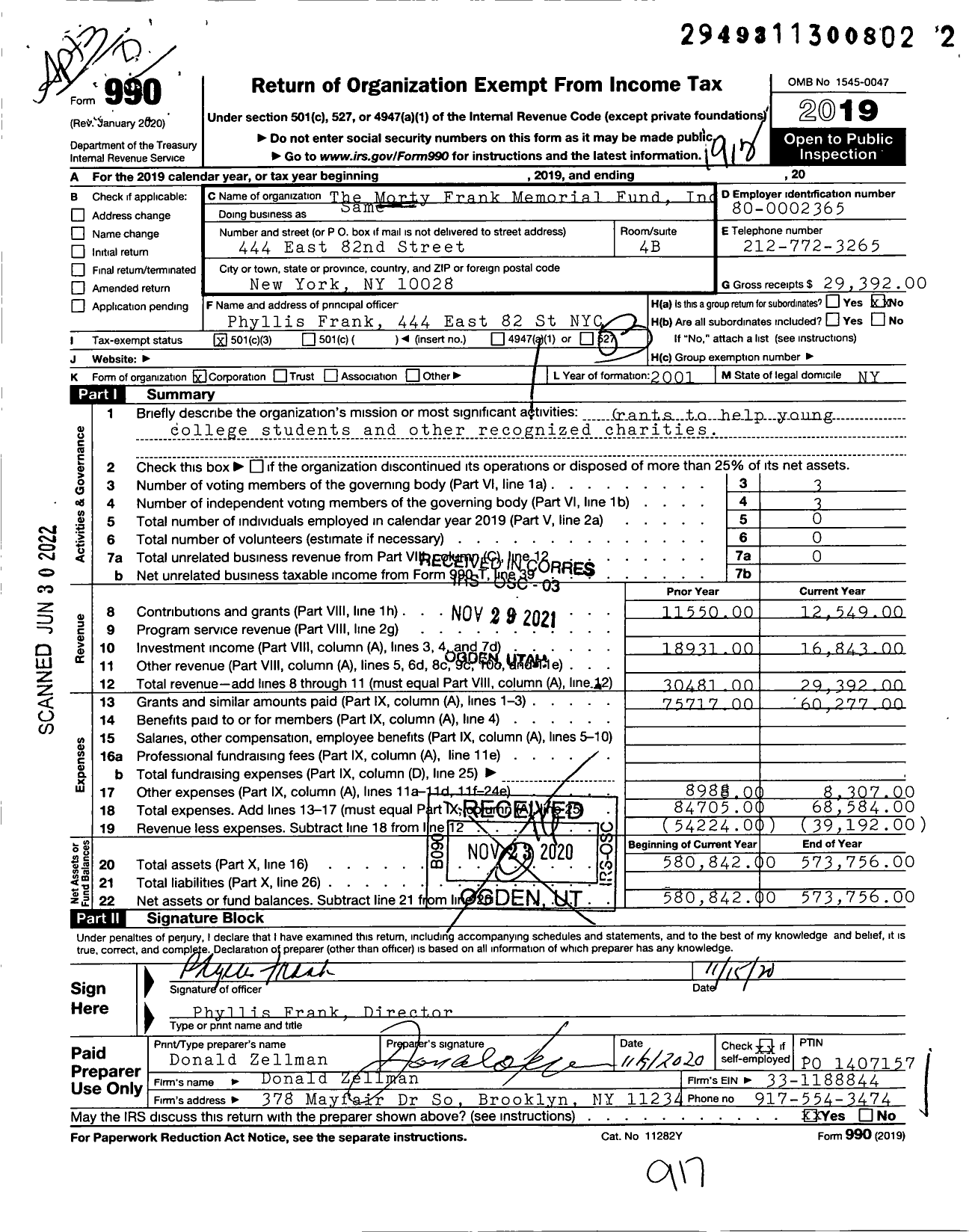 Image of first page of 2019 Form 990 for The Morty Frank Memorial Fund