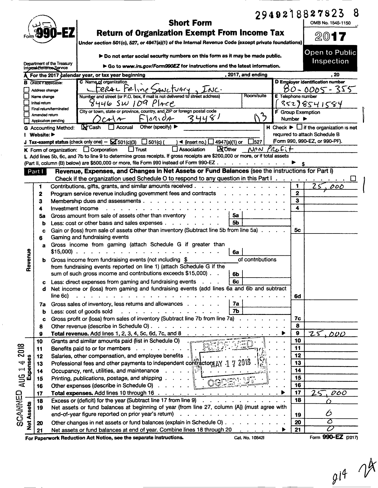 Image of first page of 2017 Form 990EZ for Feral Feline Sanctuary