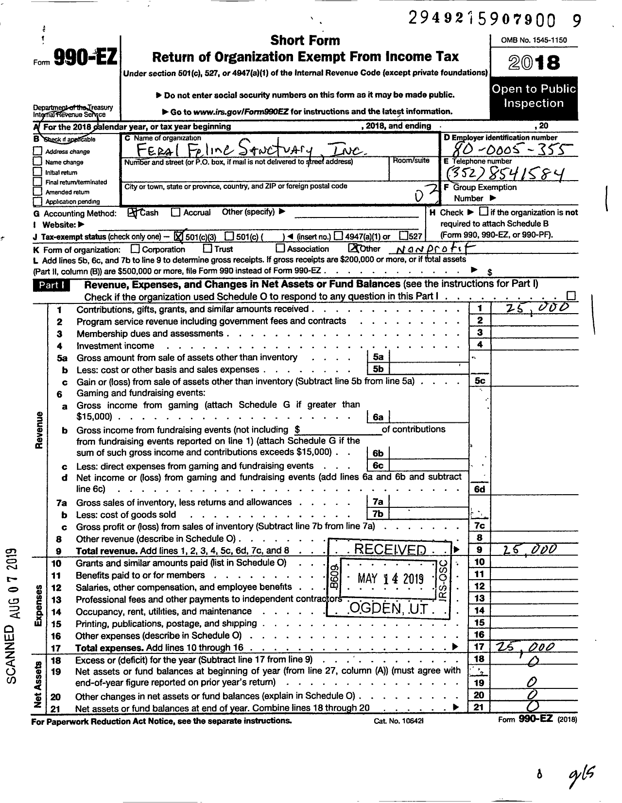 Image of first page of 2018 Form 990EZ for Feral Feline Sanctuary