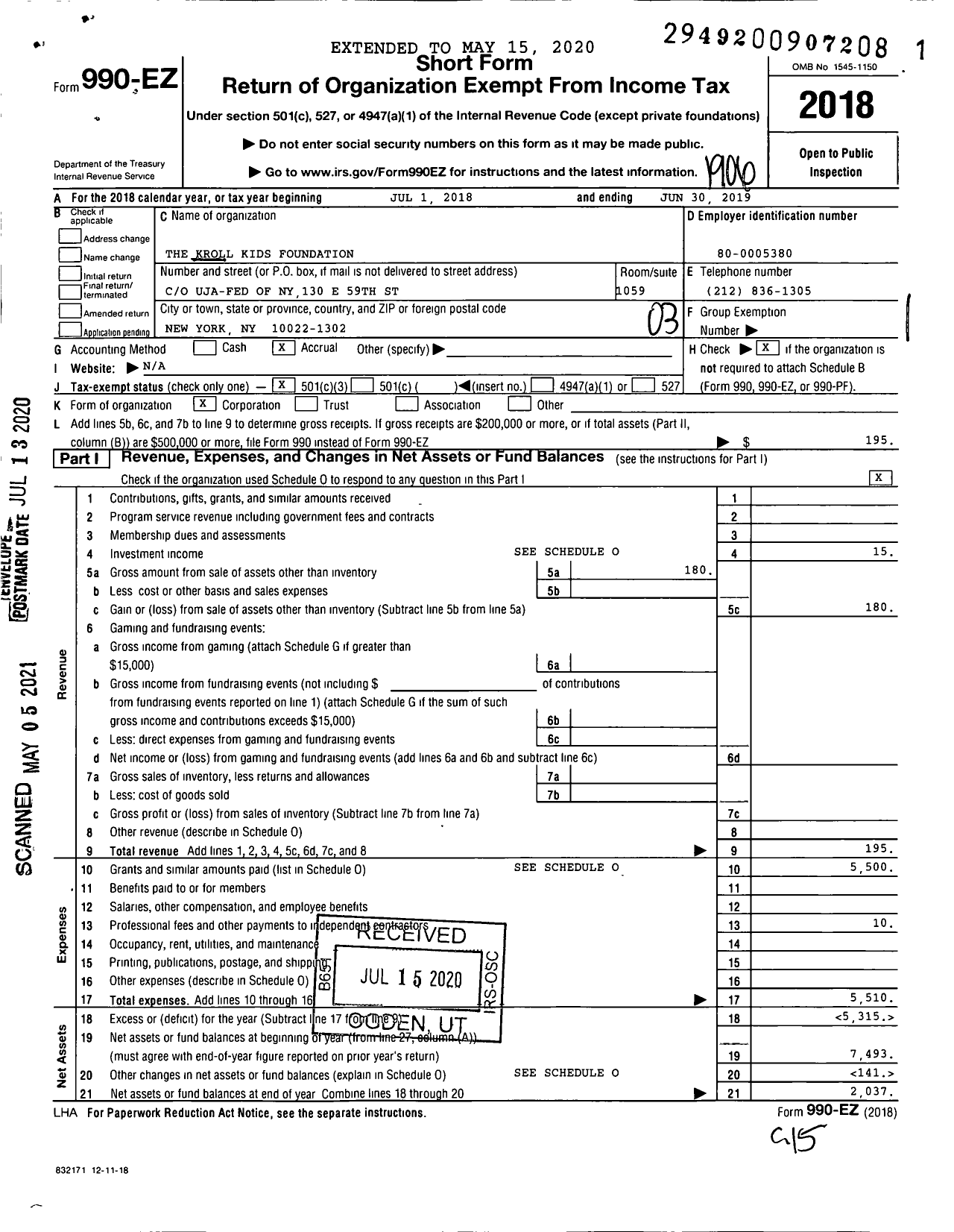 Image of first page of 2018 Form 990EZ for Kroll Kids Foundation