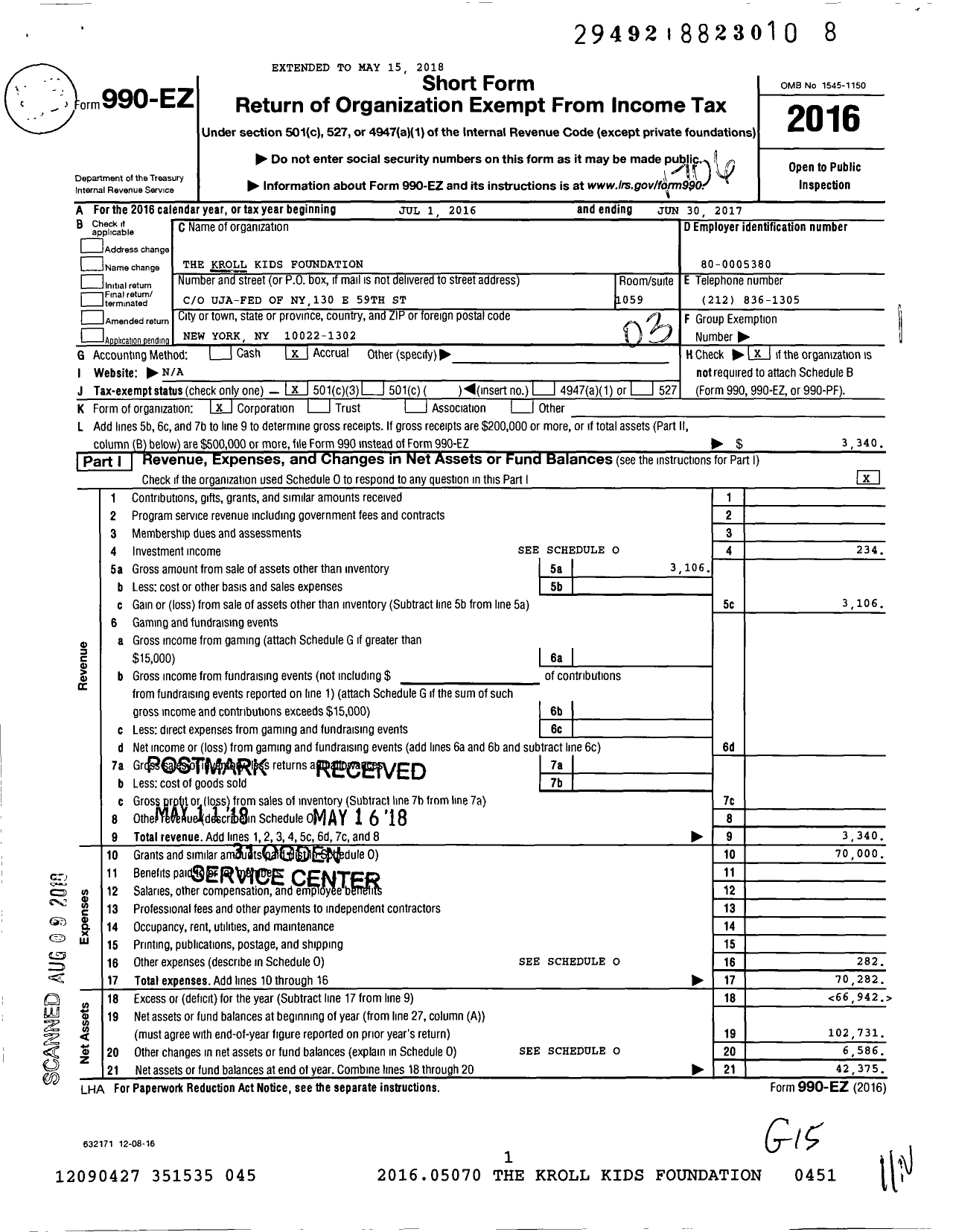 Image of first page of 2016 Form 990EZ for Kroll Kids Foundation