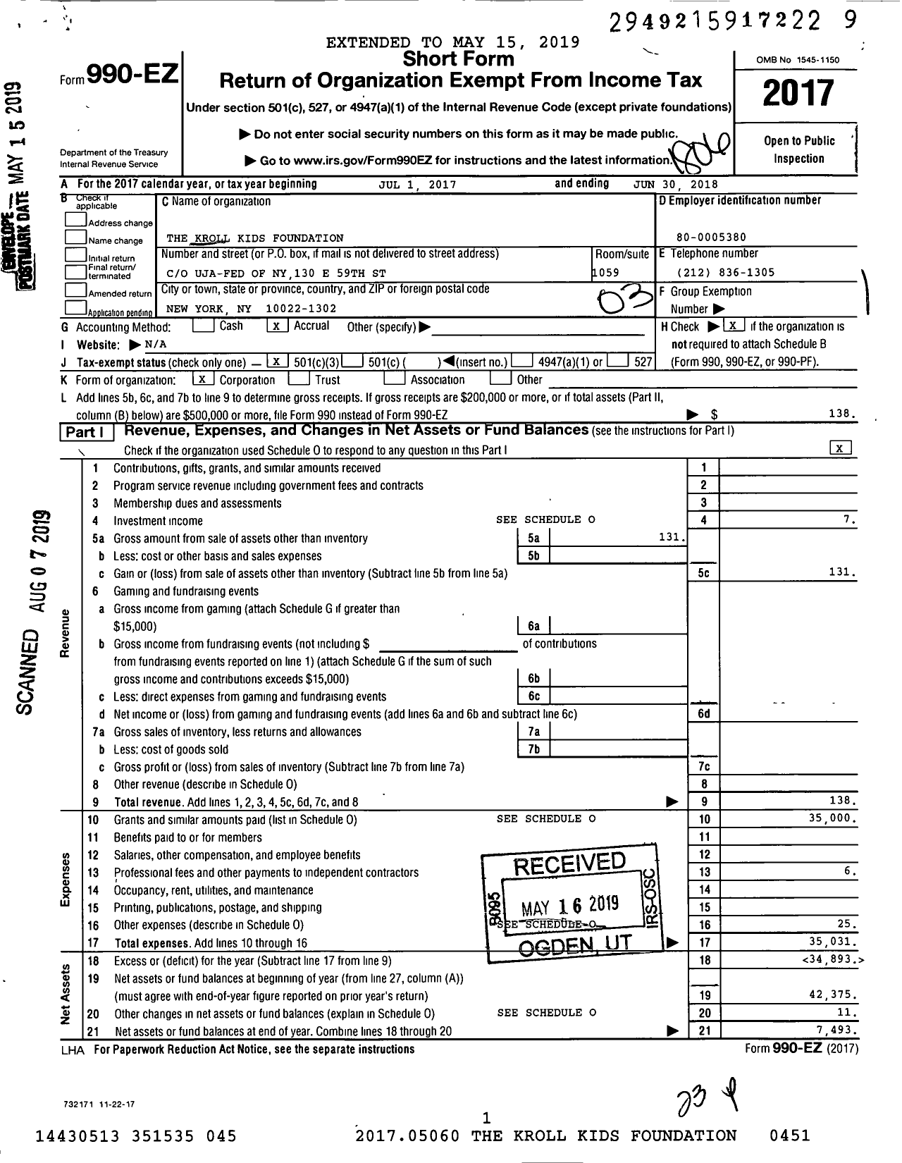 Image of first page of 2017 Form 990EZ for Kroll Kids Foundation