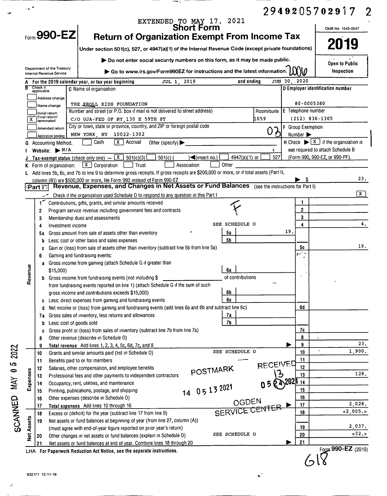 Image of first page of 2019 Form 990EZ for Kroll Kids Foundation