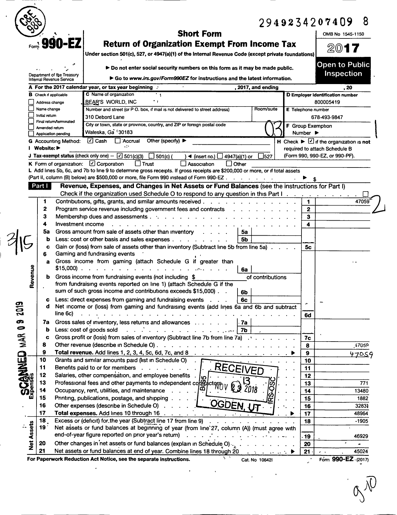 Image of first page of 2017 Form 990EZ for Bears World