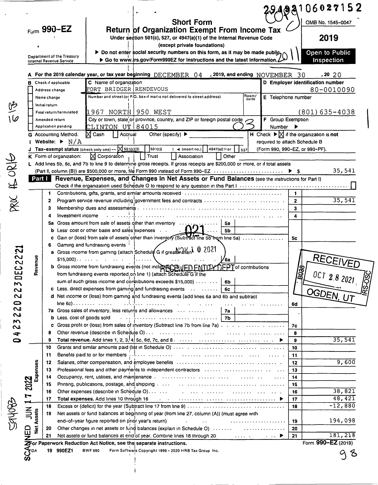 Image of first page of 2019 Form 990EZ for Fort Bridger Rendezvous