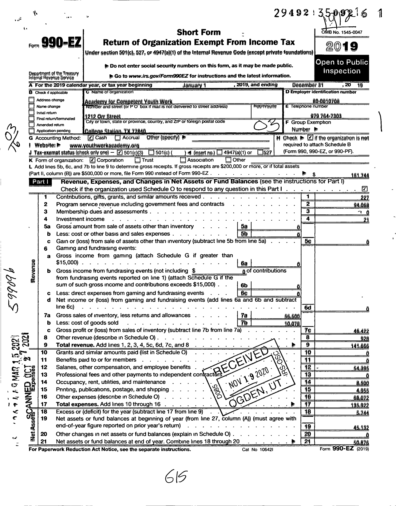 Image of first page of 2019 Form 990EZ for Academy for Competent Youth Work