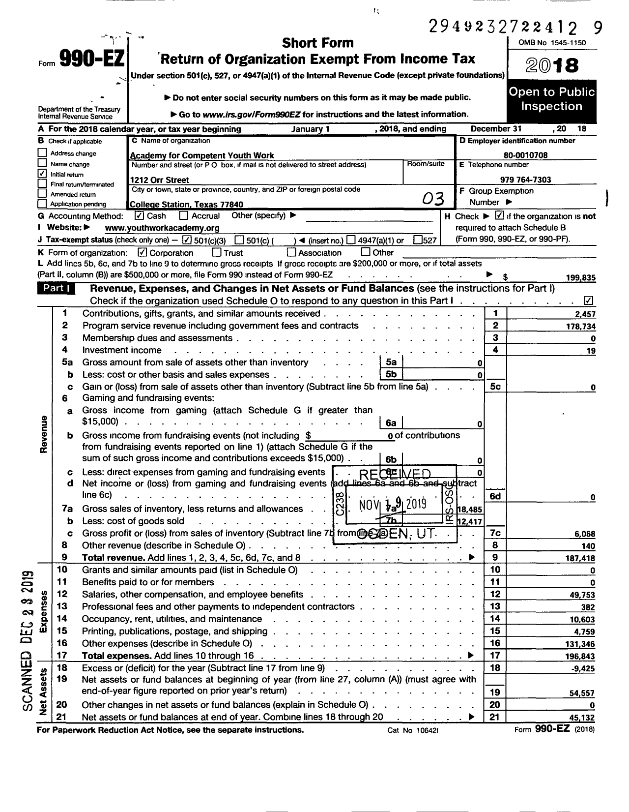 Image of first page of 2018 Form 990EZ for Academy for Competent Youth Work