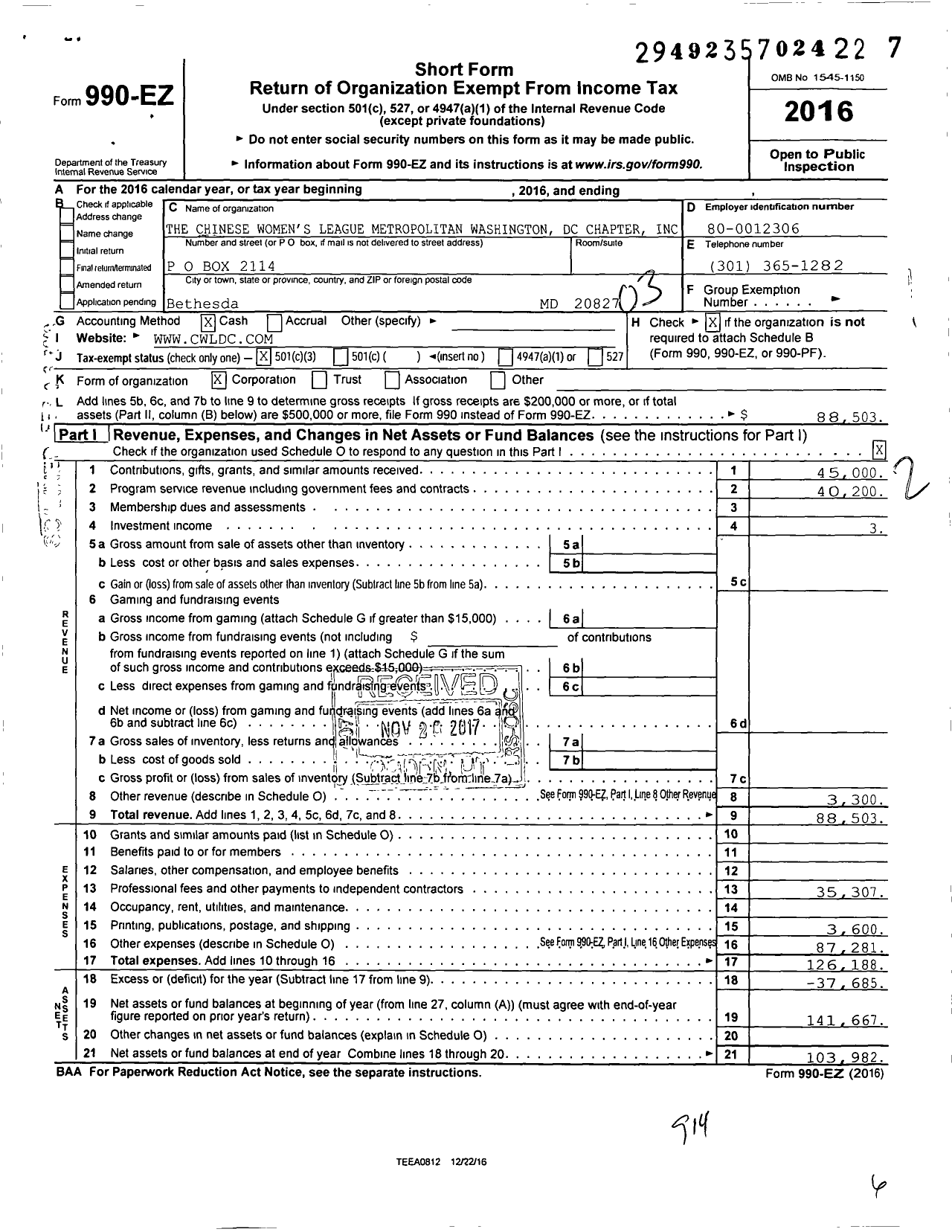 Image of first page of 2016 Form 990EZ for The Chinese Womens League Metropolitan Washington DC CHPTR I