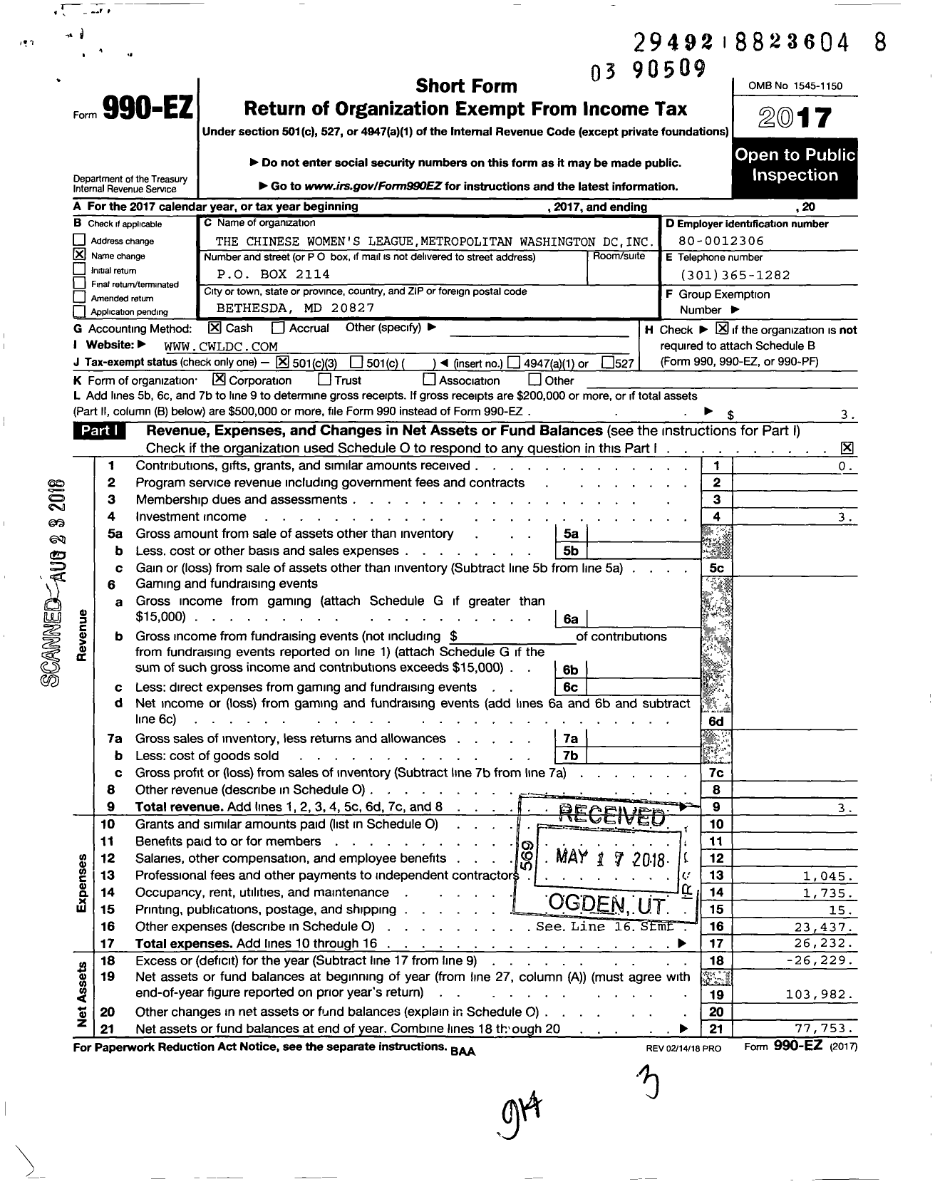 Image of first page of 2017 Form 990EZ for The Chinese Womens League Metropolitan Washington DC CHPTR I