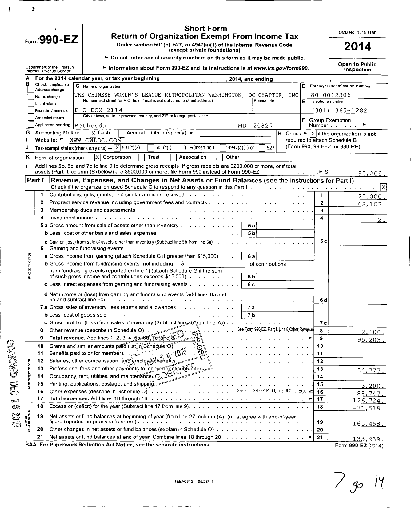 Image of first page of 2014 Form 990EZ for The Chinese Womens League Metropolitan Washington DC CHPTR I