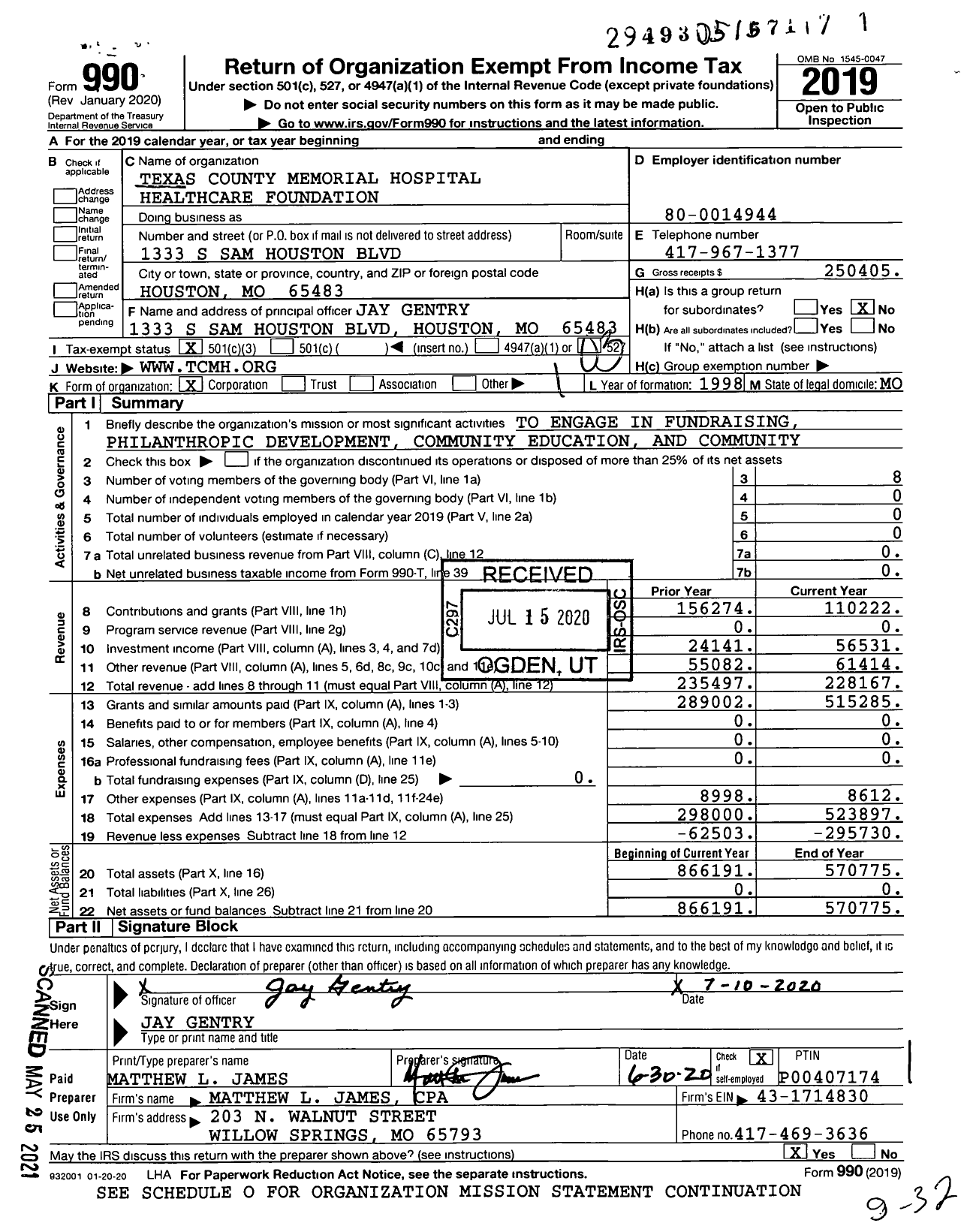 Image of first page of 2019 Form 990 for Texas County Memorial Hospital Healthcare Foundation