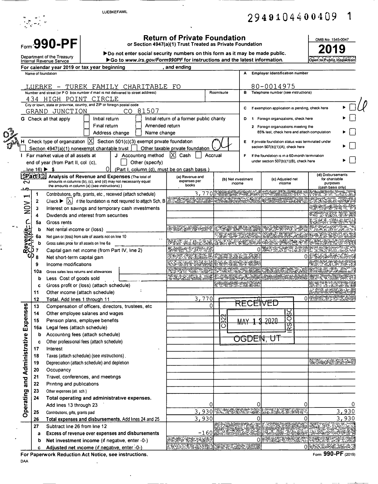 Image of first page of 2019 Form 990PF for Luebke - Turek Family Charitable Foundation