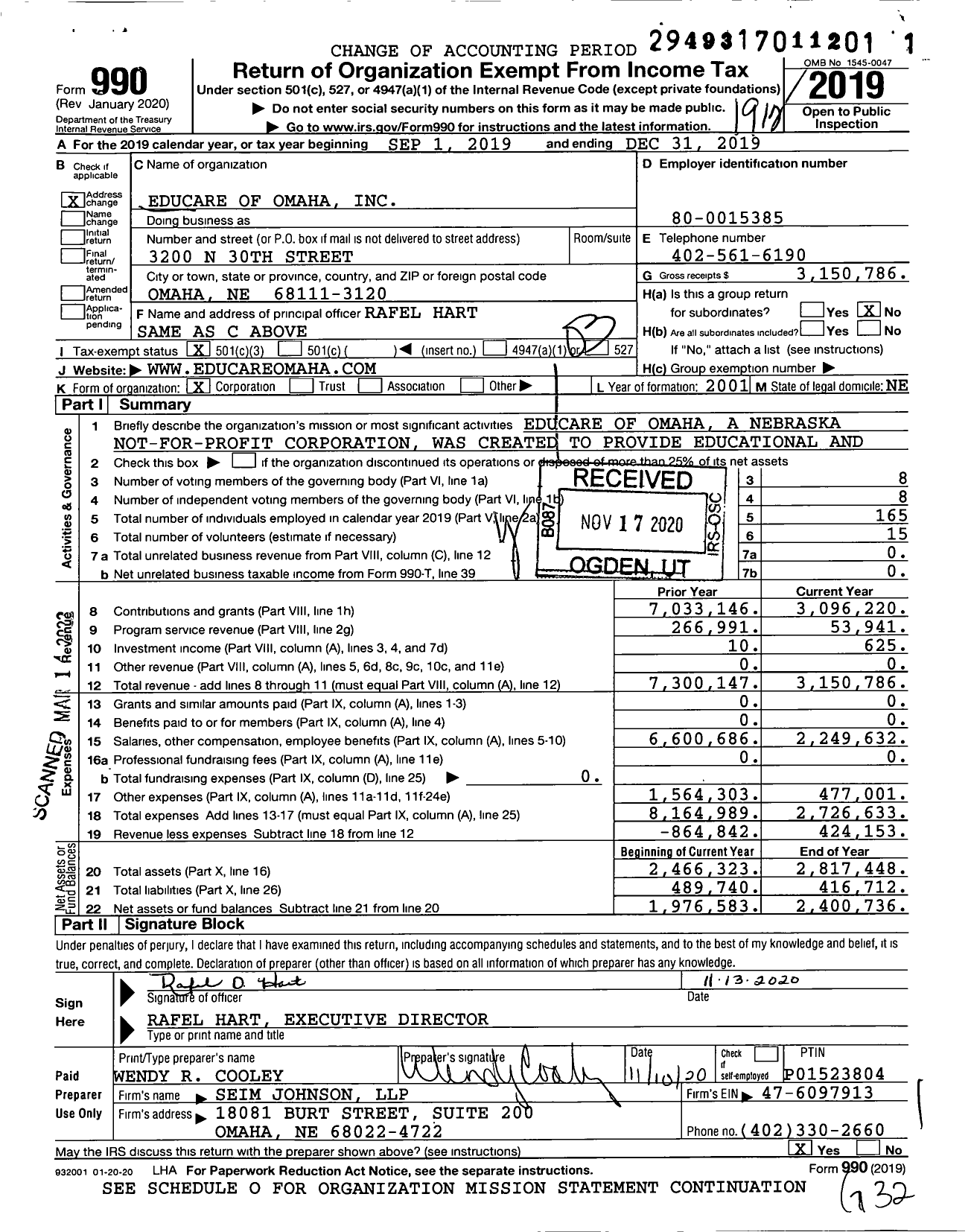 Image of first page of 2019 Form 990 for Educare of Omaha