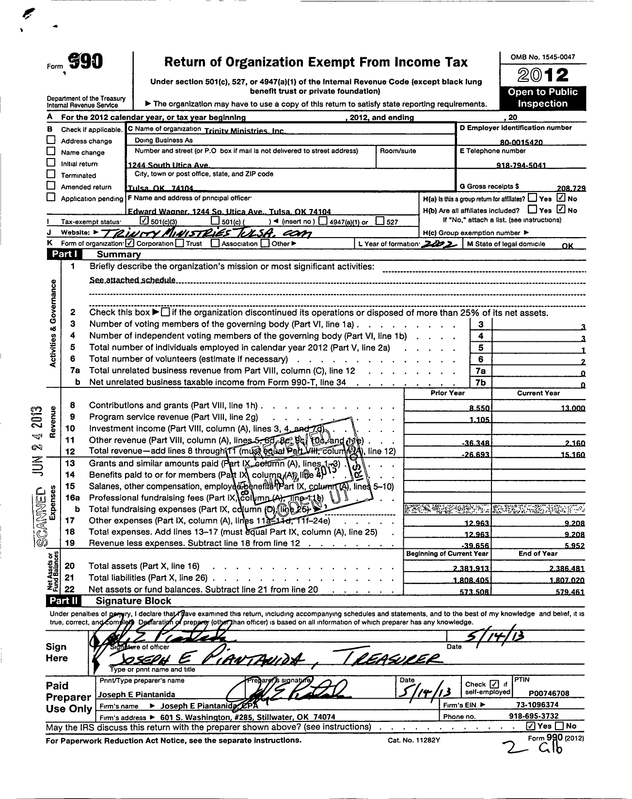 Image of first page of 2012 Form 990 for Trinity Ministries