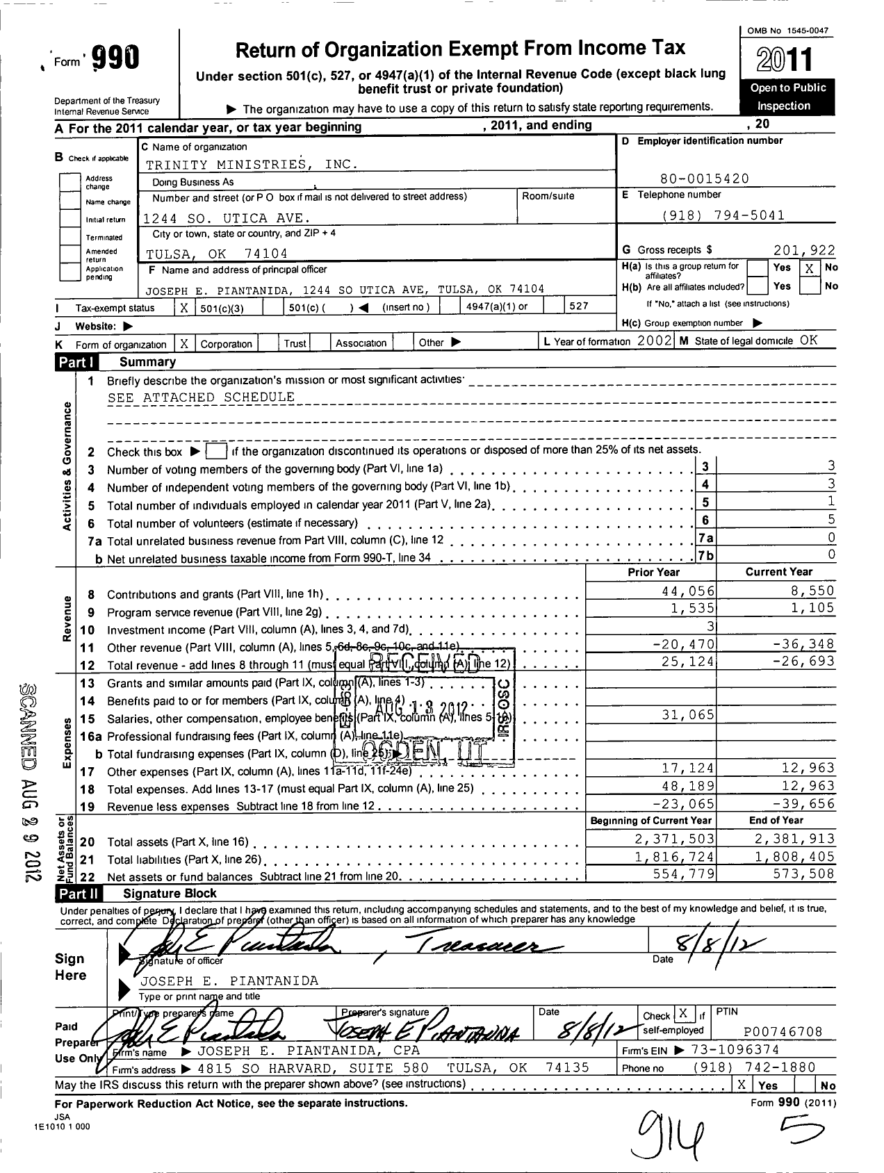 Image of first page of 2011 Form 990 for Trinity Ministries