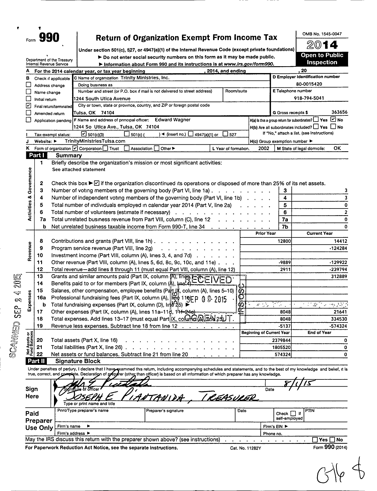 Image of first page of 2014 Form 990 for Trinity Ministries