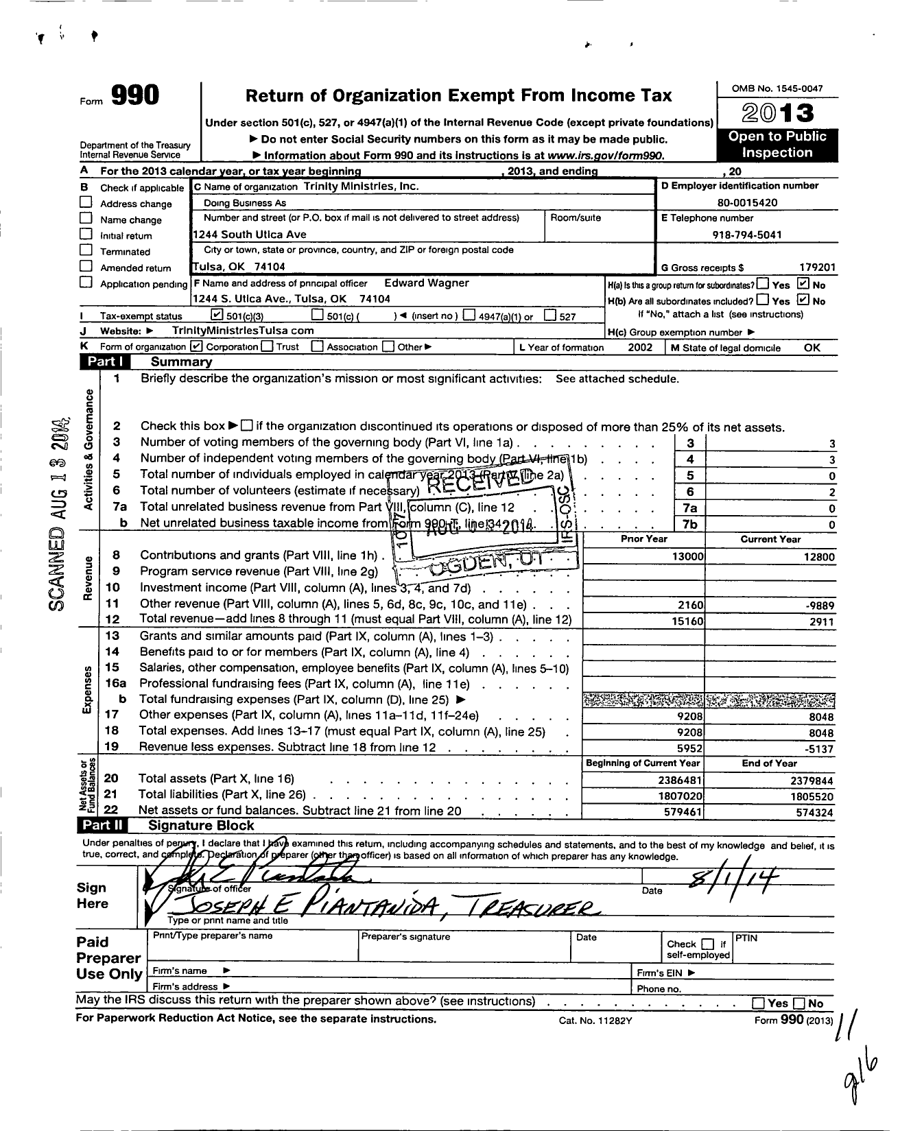 Image of first page of 2013 Form 990 for Trinity Ministries