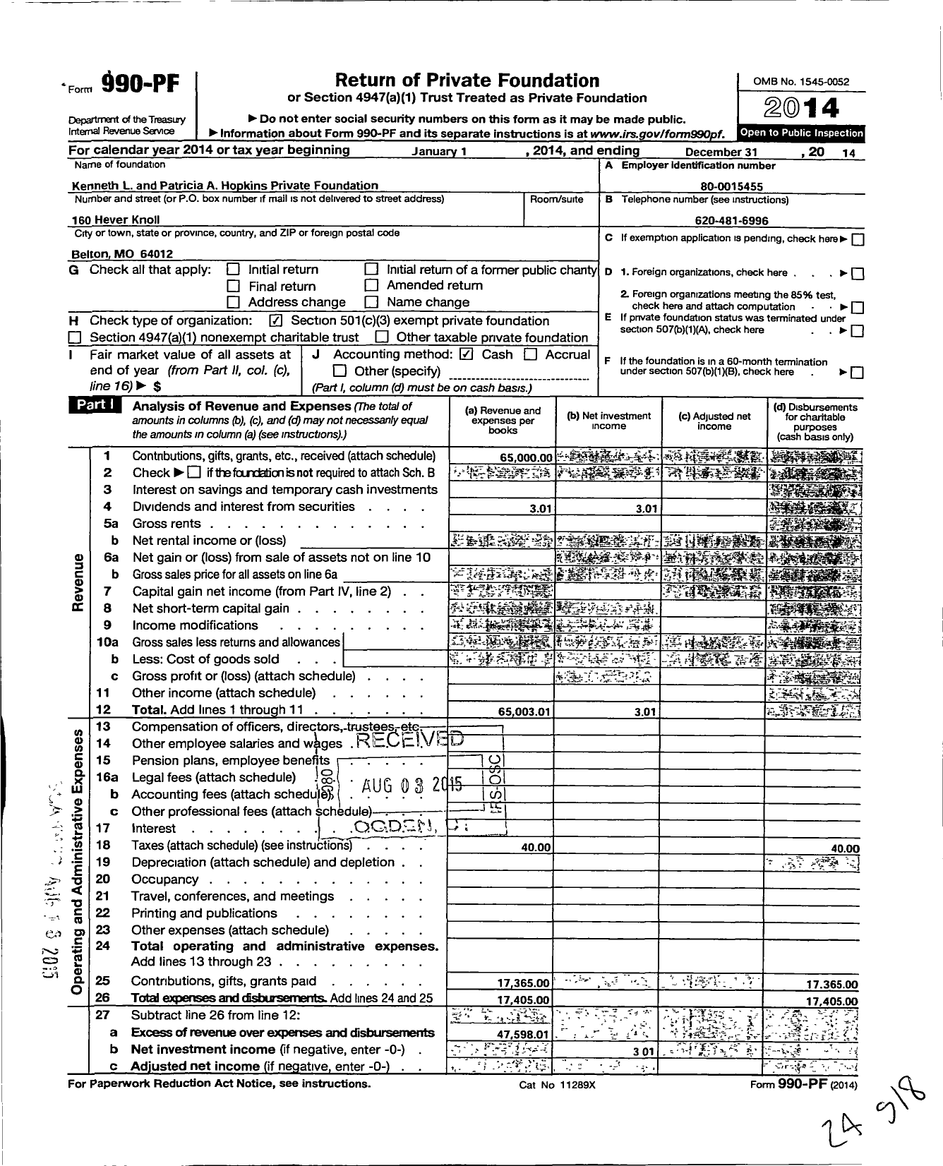 Image of first page of 2014 Form 990PF for Kenneth L and Patricia A Hopkins Private Foundation