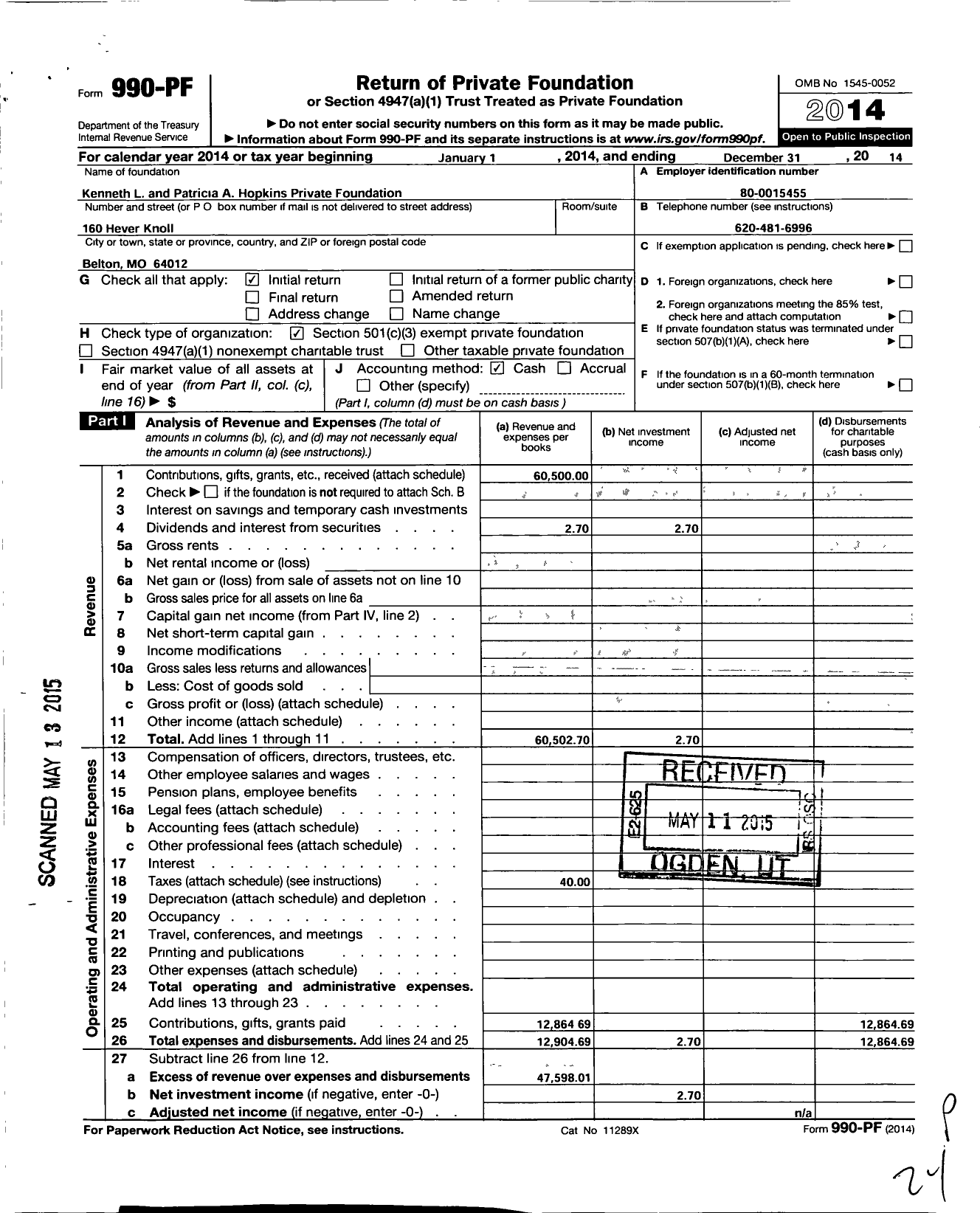 Image of first page of 2014 Form 990PF for Kenneth L and Patricia A Hopkins Private Foundation