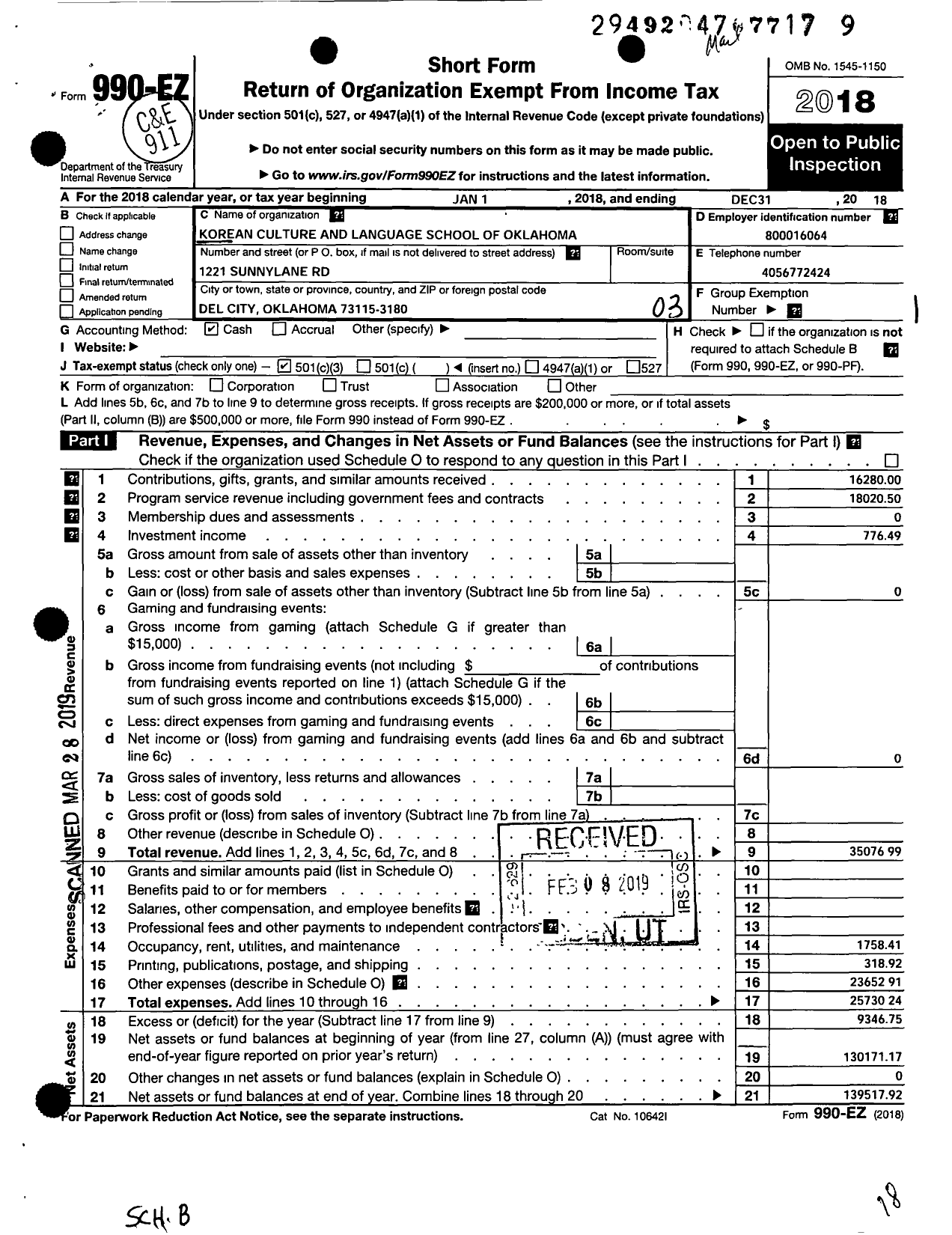 Image of first page of 2018 Form 990EZ for Korean Culture and Language School of Oklahoma