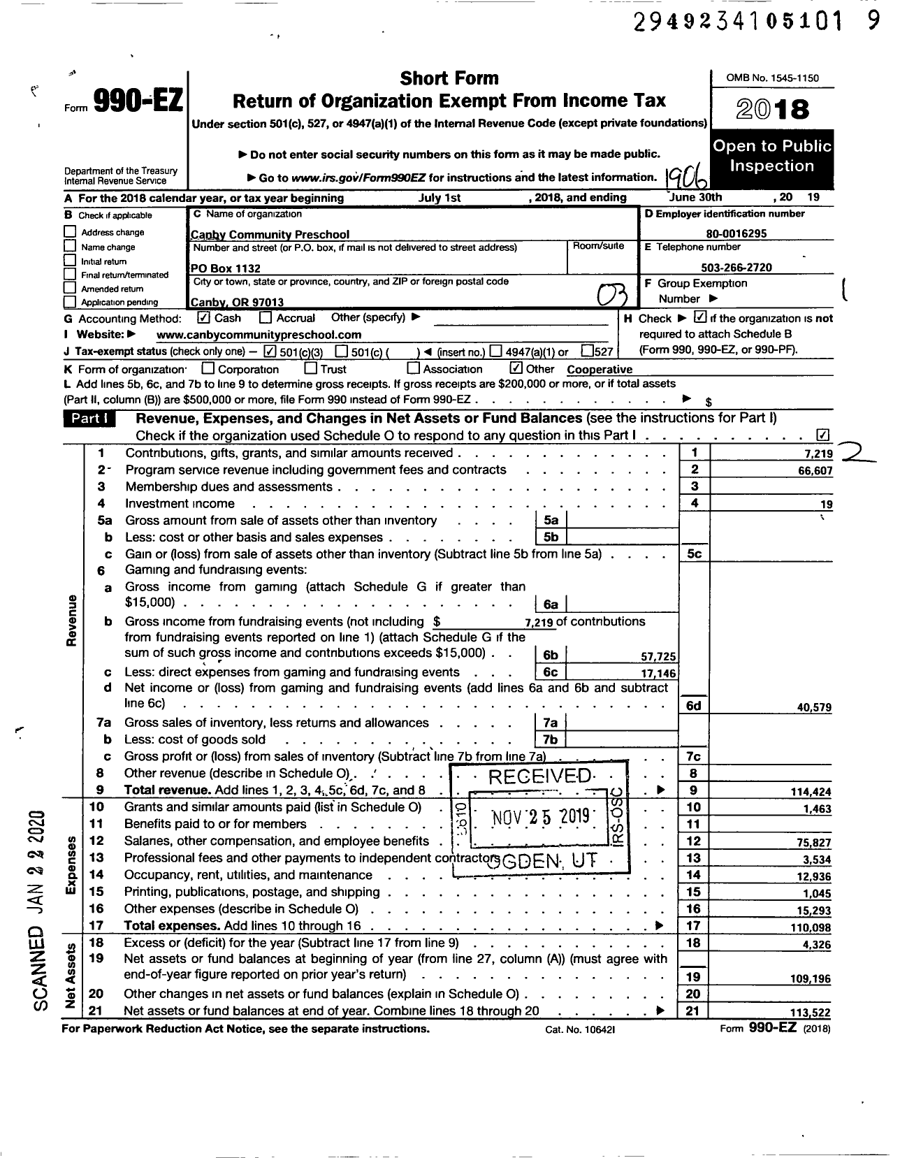 Image of first page of 2018 Form 990EZ for Canby Community Preschool