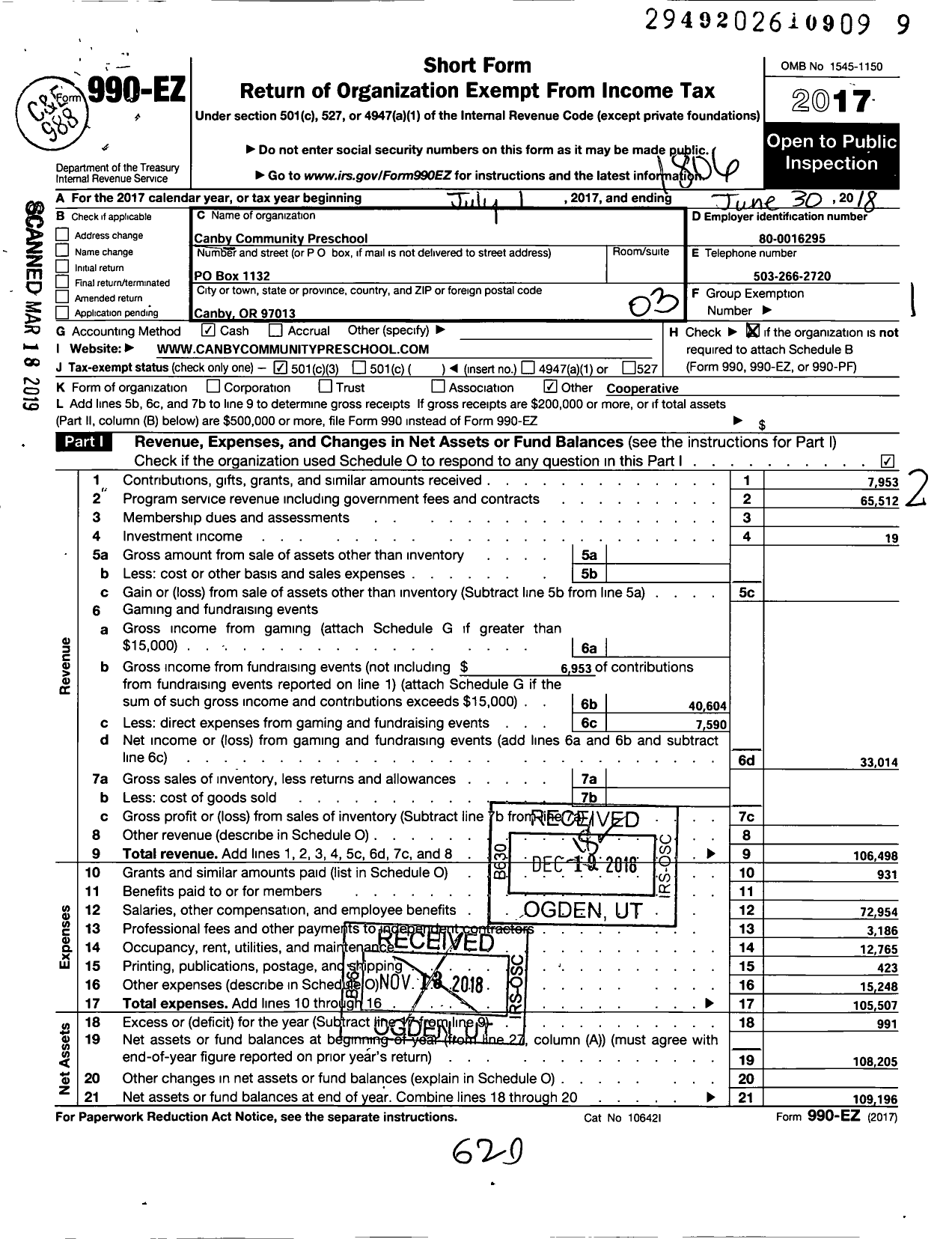 Image of first page of 2017 Form 990EZ for Canby Community Preschool