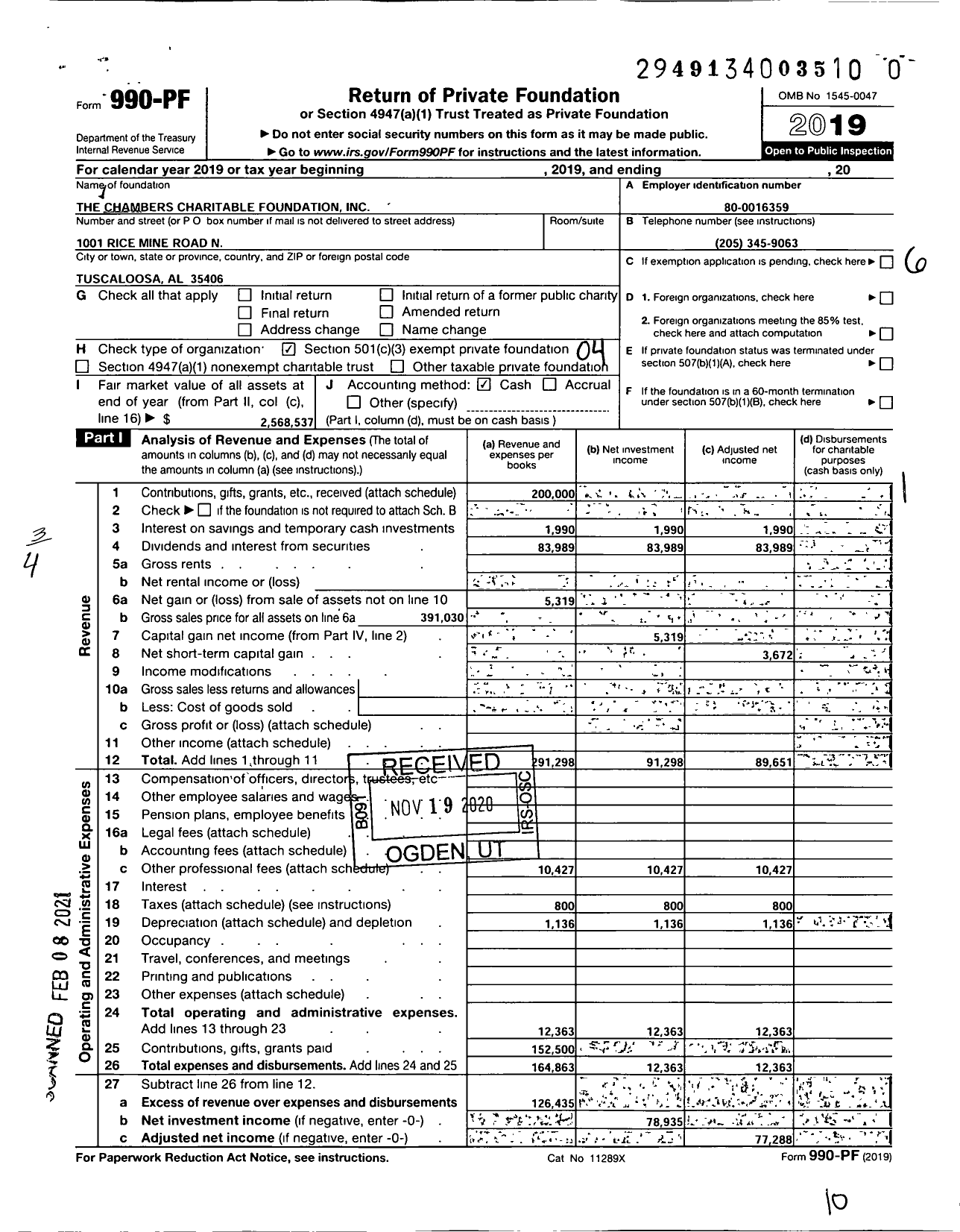 Image of first page of 2019 Form 990PF for The Chambers Charitable Foundation