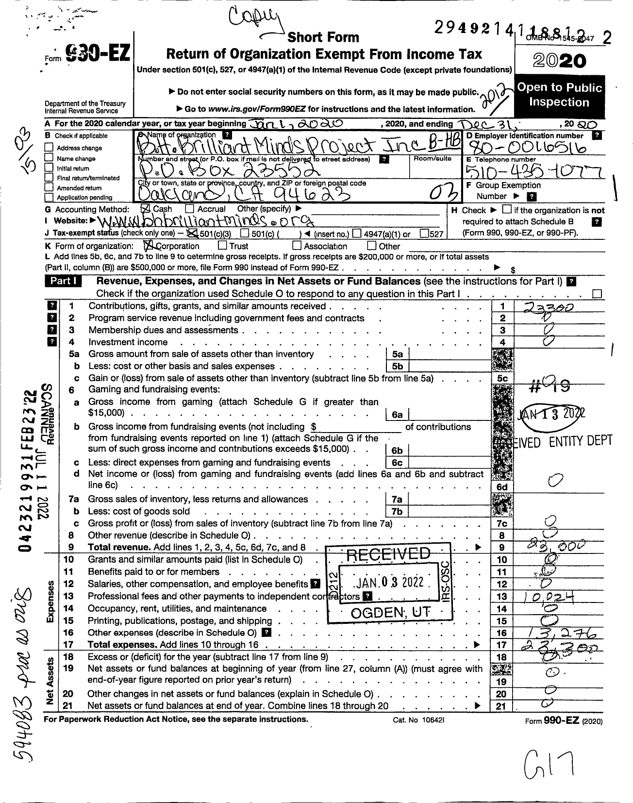 Image of first page of 2020 Form 990EZ for B-H Brillant Minds Project