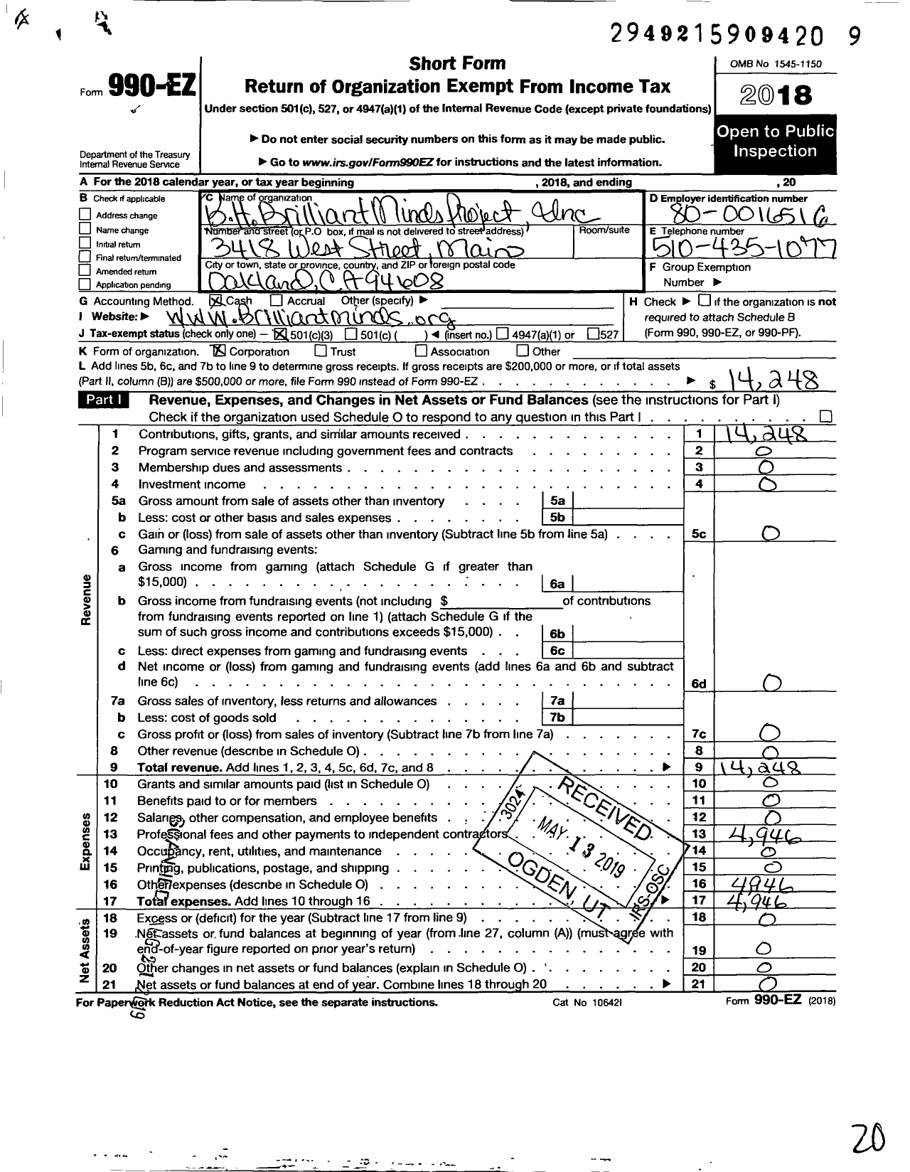 Image of first page of 2018 Form 990EZ for B-H Brillant Minds Project