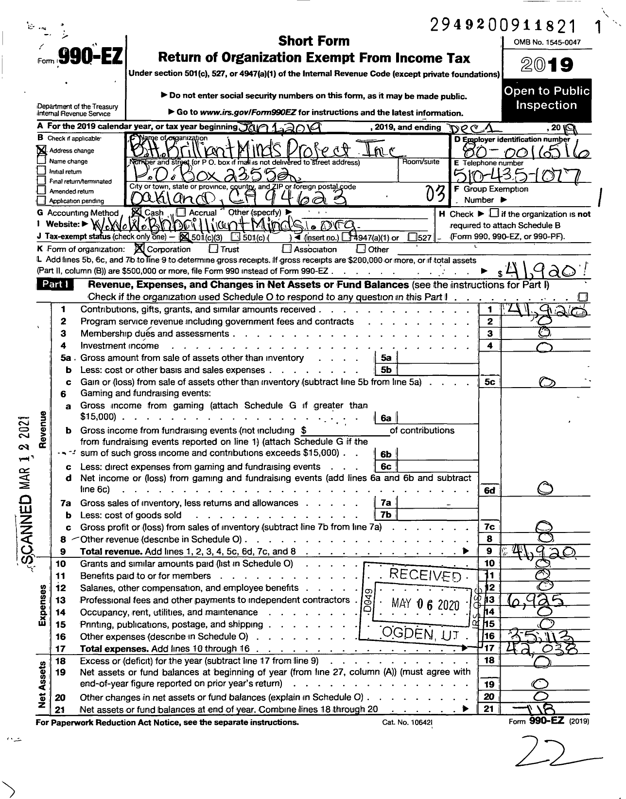 Image of first page of 2019 Form 990EZ for B-H Brillant Minds Project