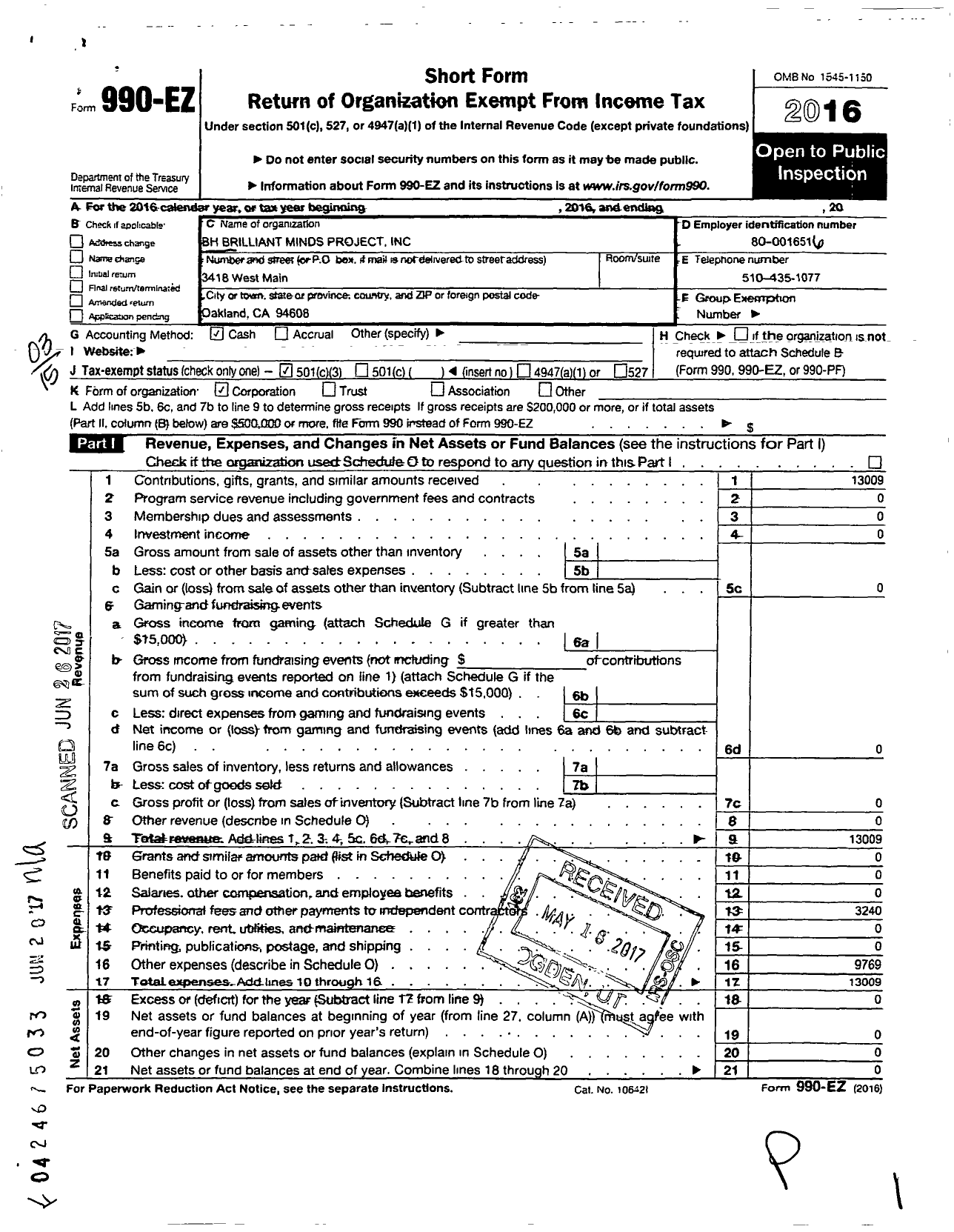 Image of first page of 2016 Form 990EZ for B-H Brillant Minds Project